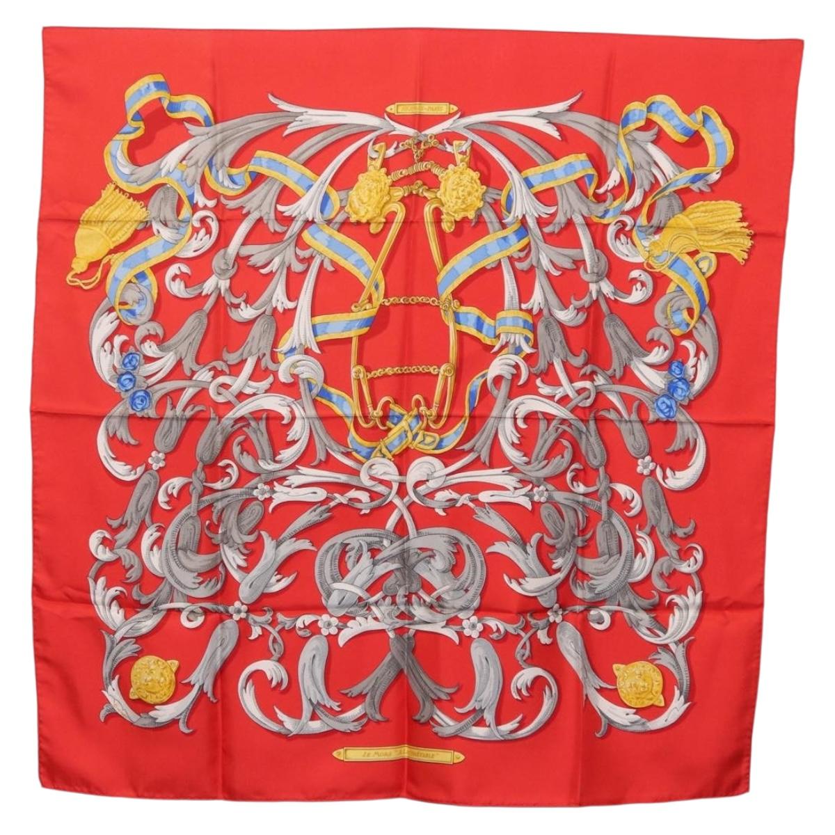 HERMES Carre 90 Scarf Silk Red Yellow ""LES MORS A LA CONETABLE"" Auth ki6871M