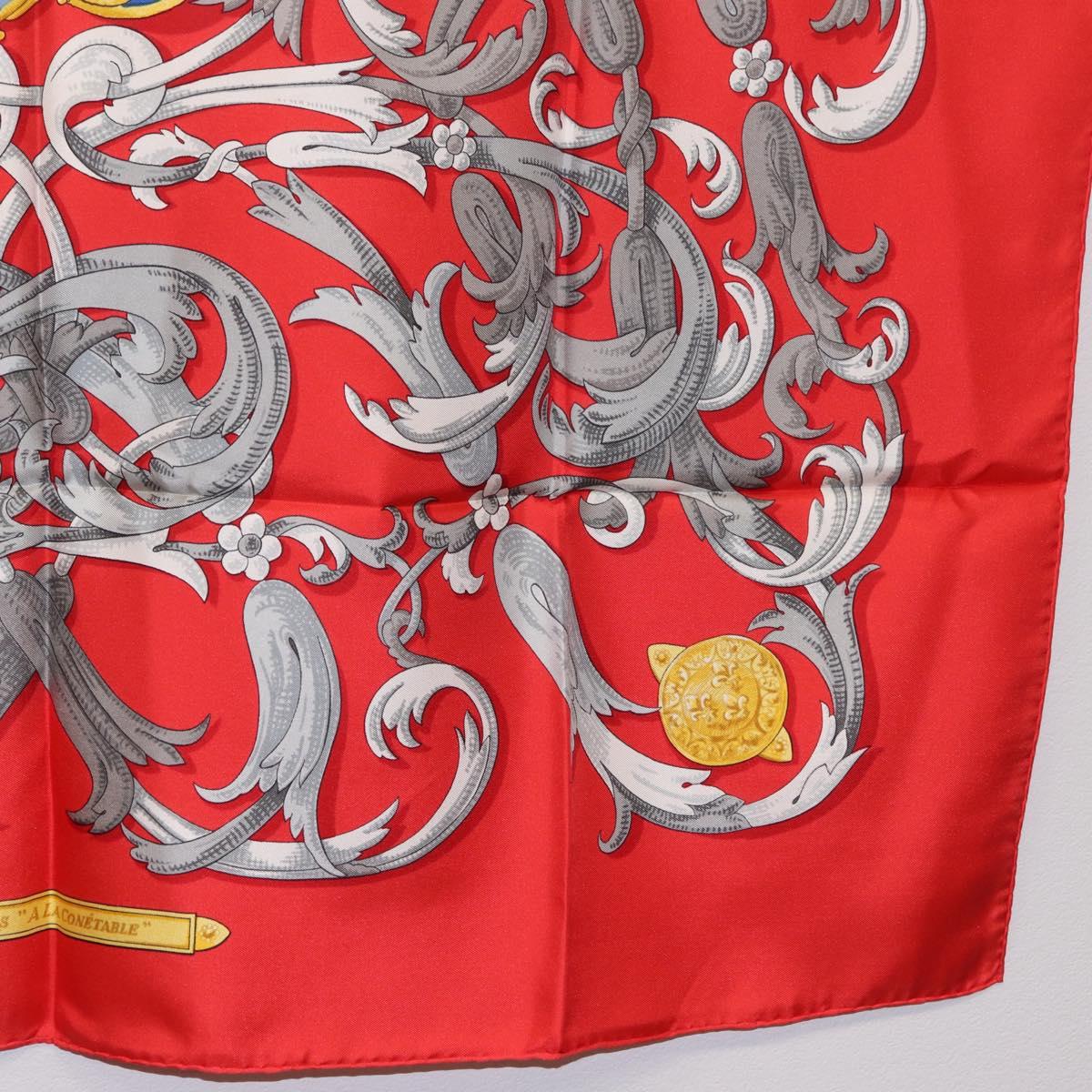HERMES Carre 90 Scarf Silk Red Yellow ""LES MORS A LA CONETABLE"" Auth ki6871M