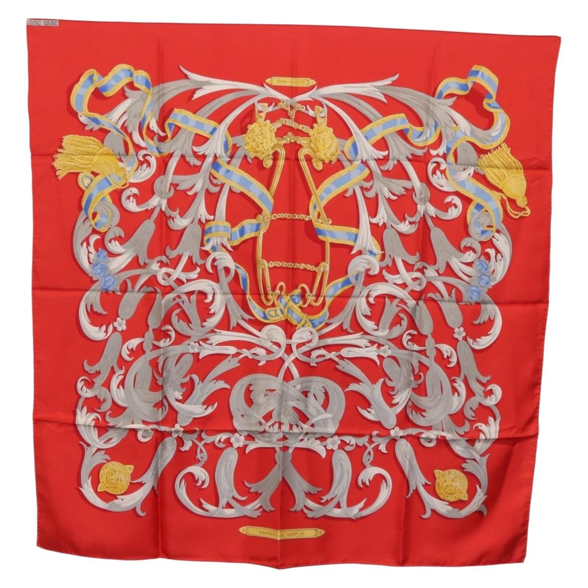 HERMES Carre 90 Scarf Silk Red Yellow ""LES MORS A LA CONETABLE"" Auth ki6871M