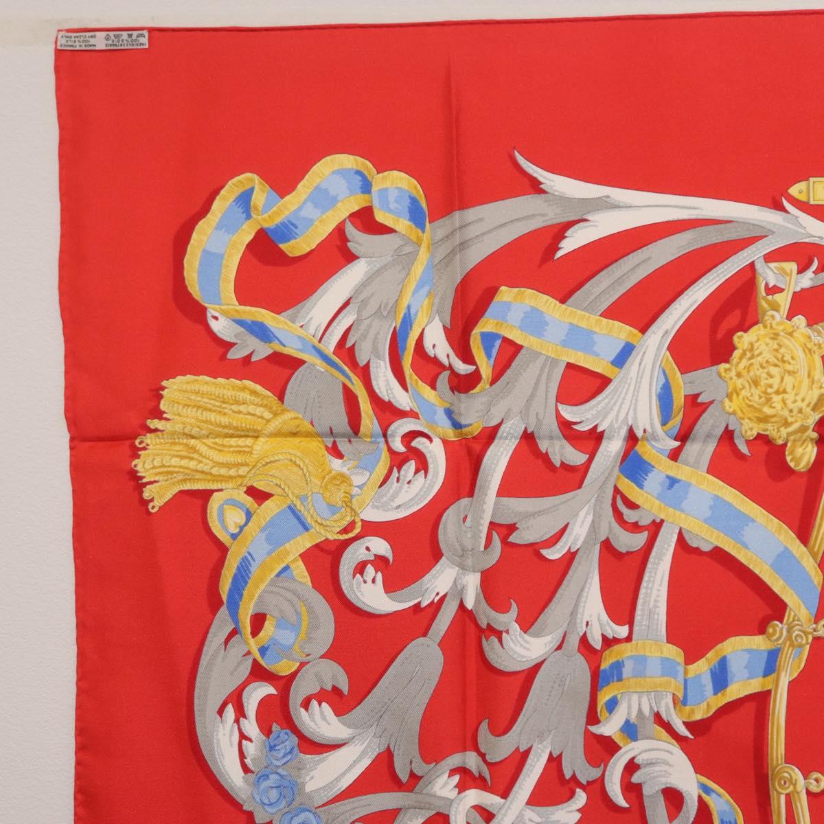 HERMES Carre 90 Scarf Silk Red Yellow ""LES MORS A LA CONETABLE"" Auth ki6871M