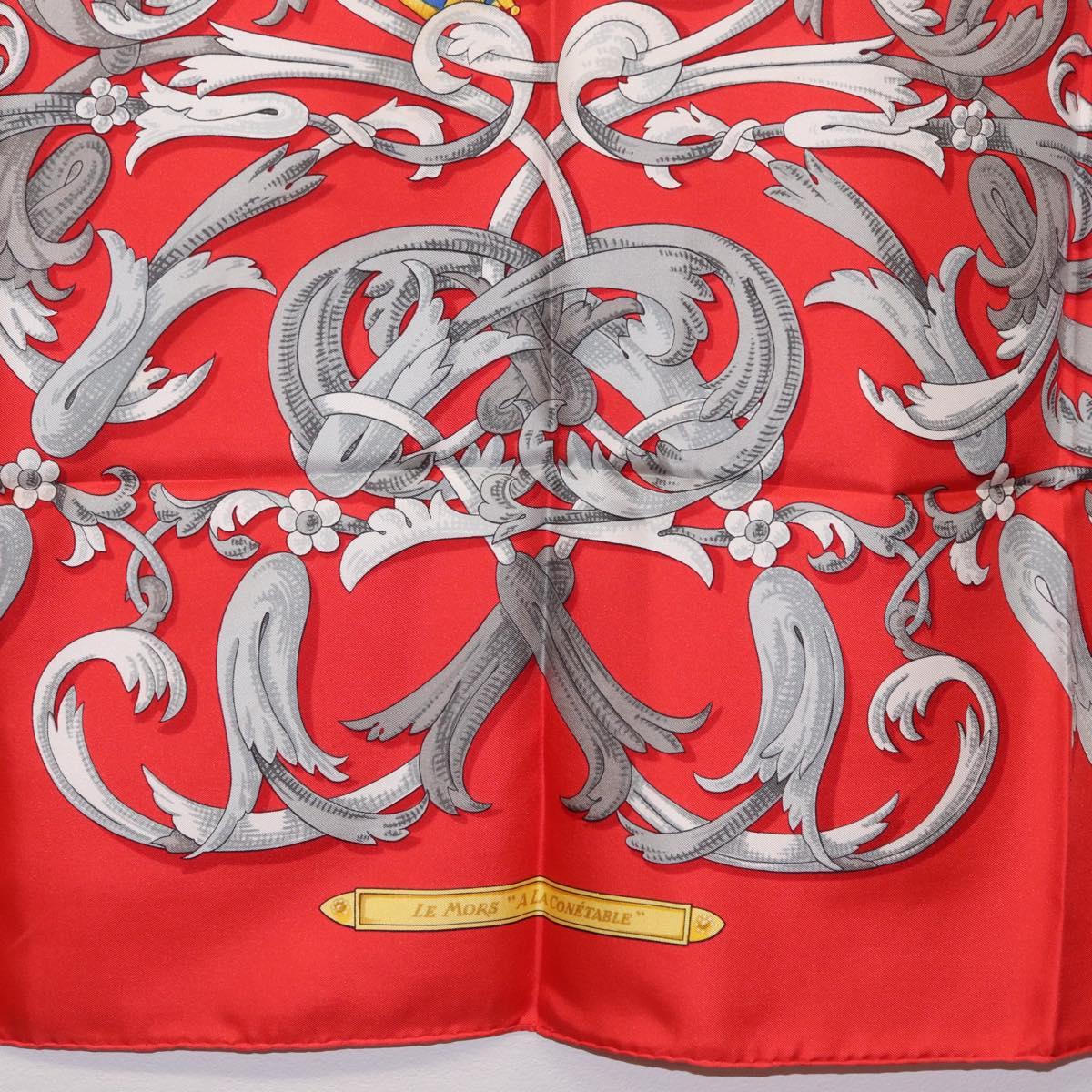 HERMES Carre 90 Scarf Silk Red Yellow ""LES MORS A LA CONETABLE"" Auth ki6871M