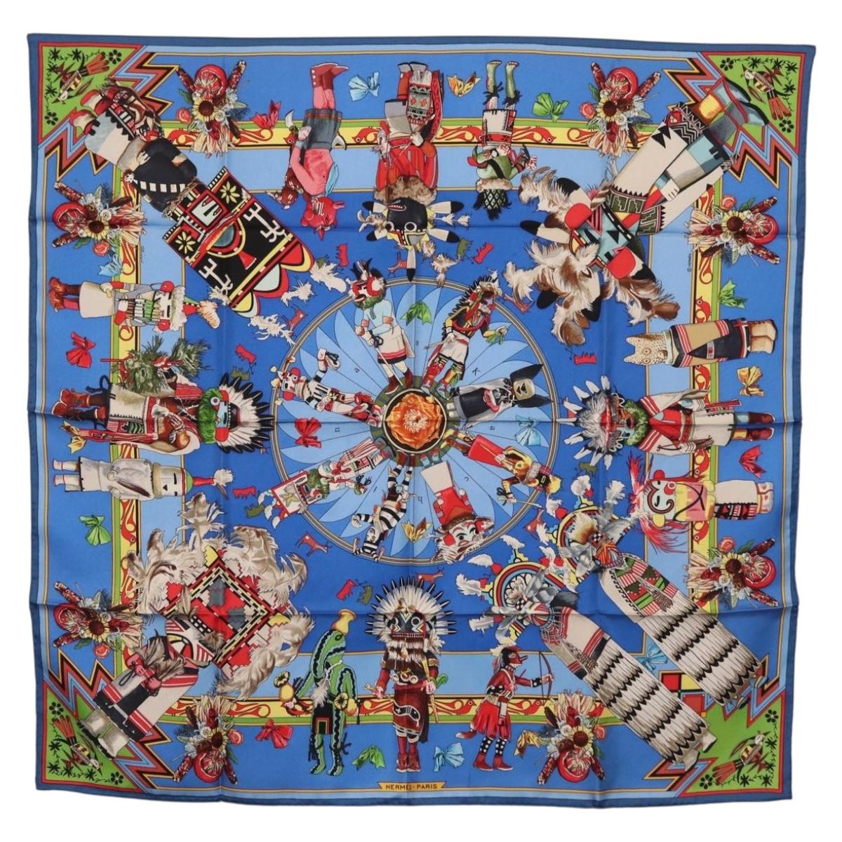 HERMES Carre 90 Scarf Silk Blue Red ""KACHINAS"" Auth ki6872M