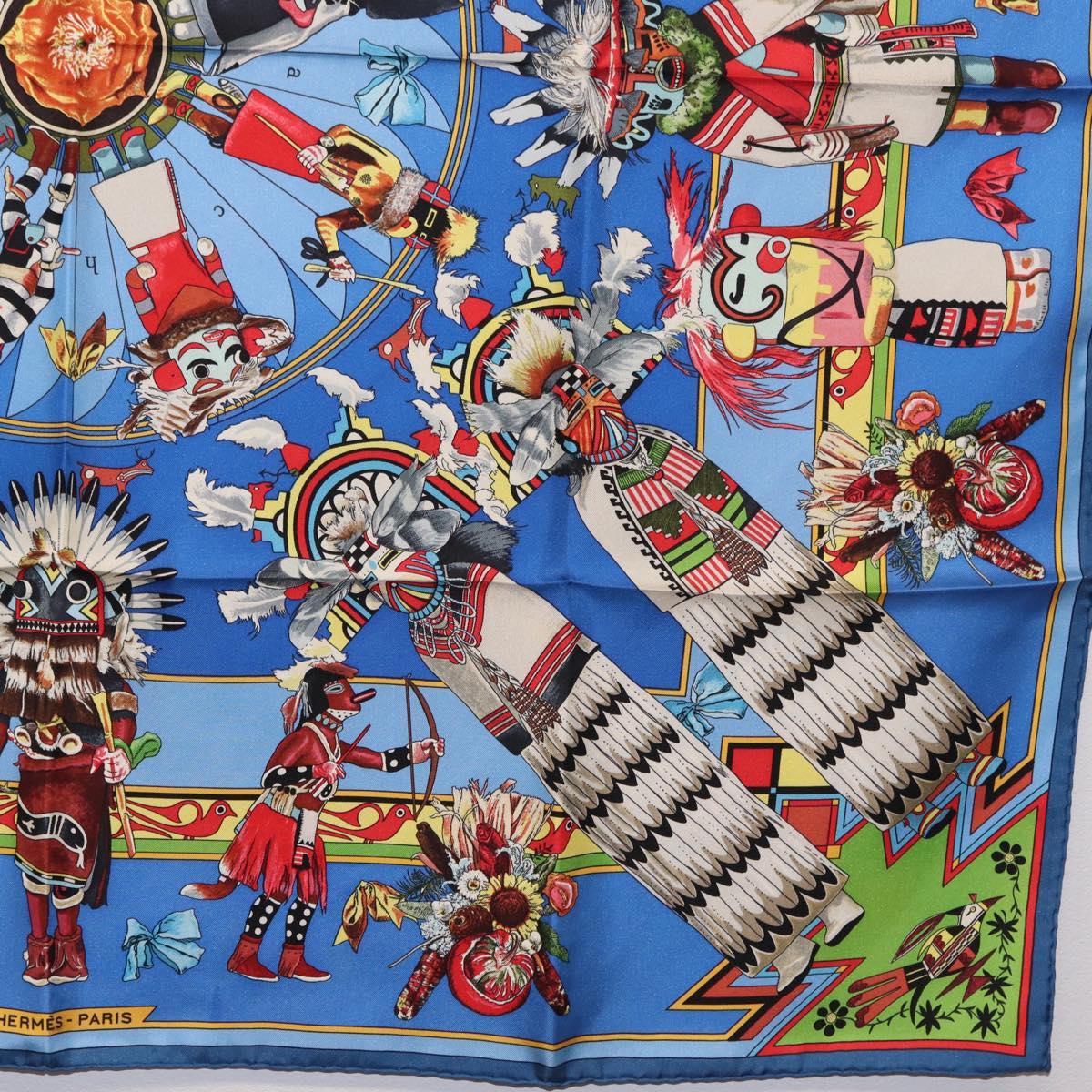 HERMES Carre 90 Scarf Silk Blue Red ""KACHINAS"" Auth ki6872M