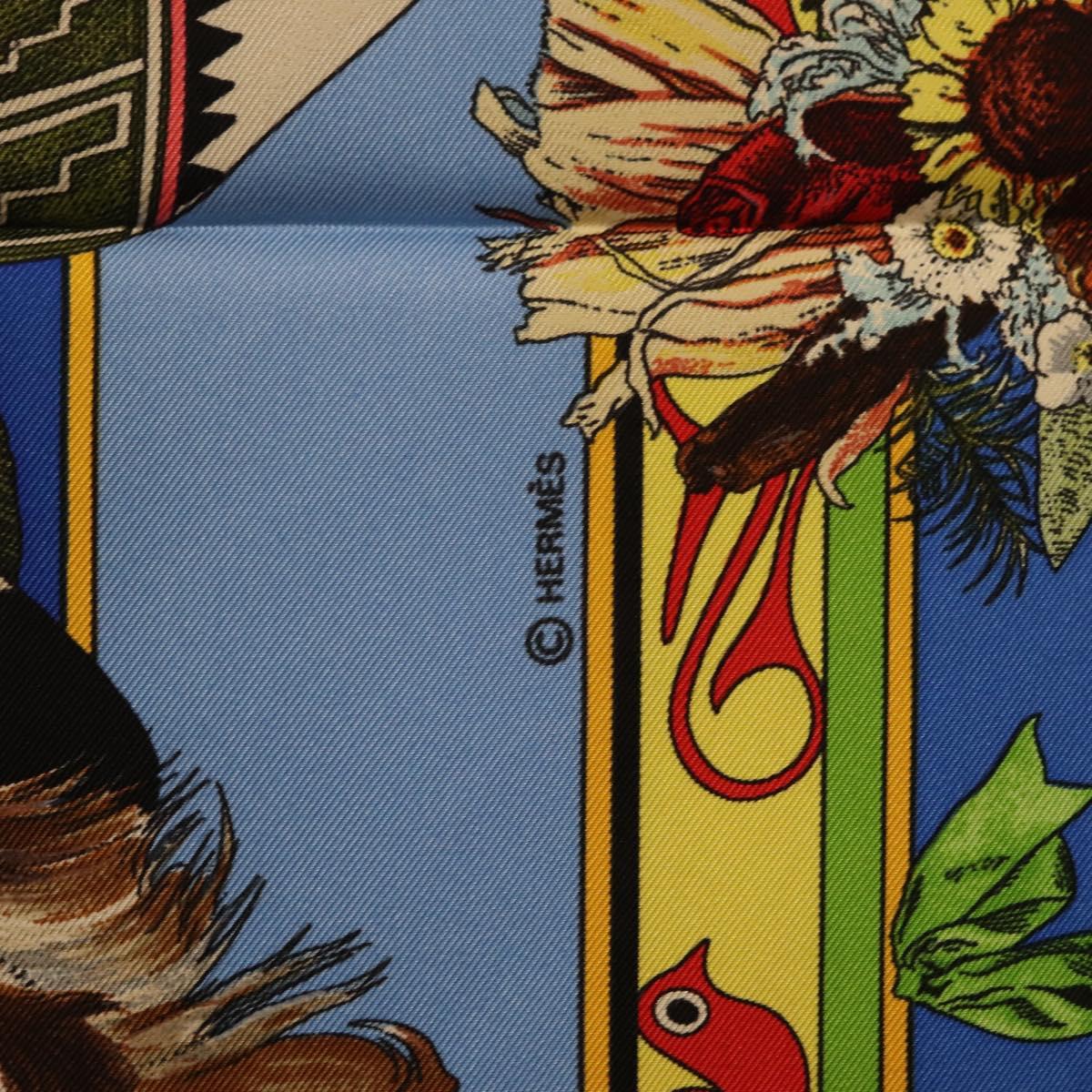 HERMES Carre 90 Scarf Silk Blue Red ""KACHINAS"" Auth ki6872M