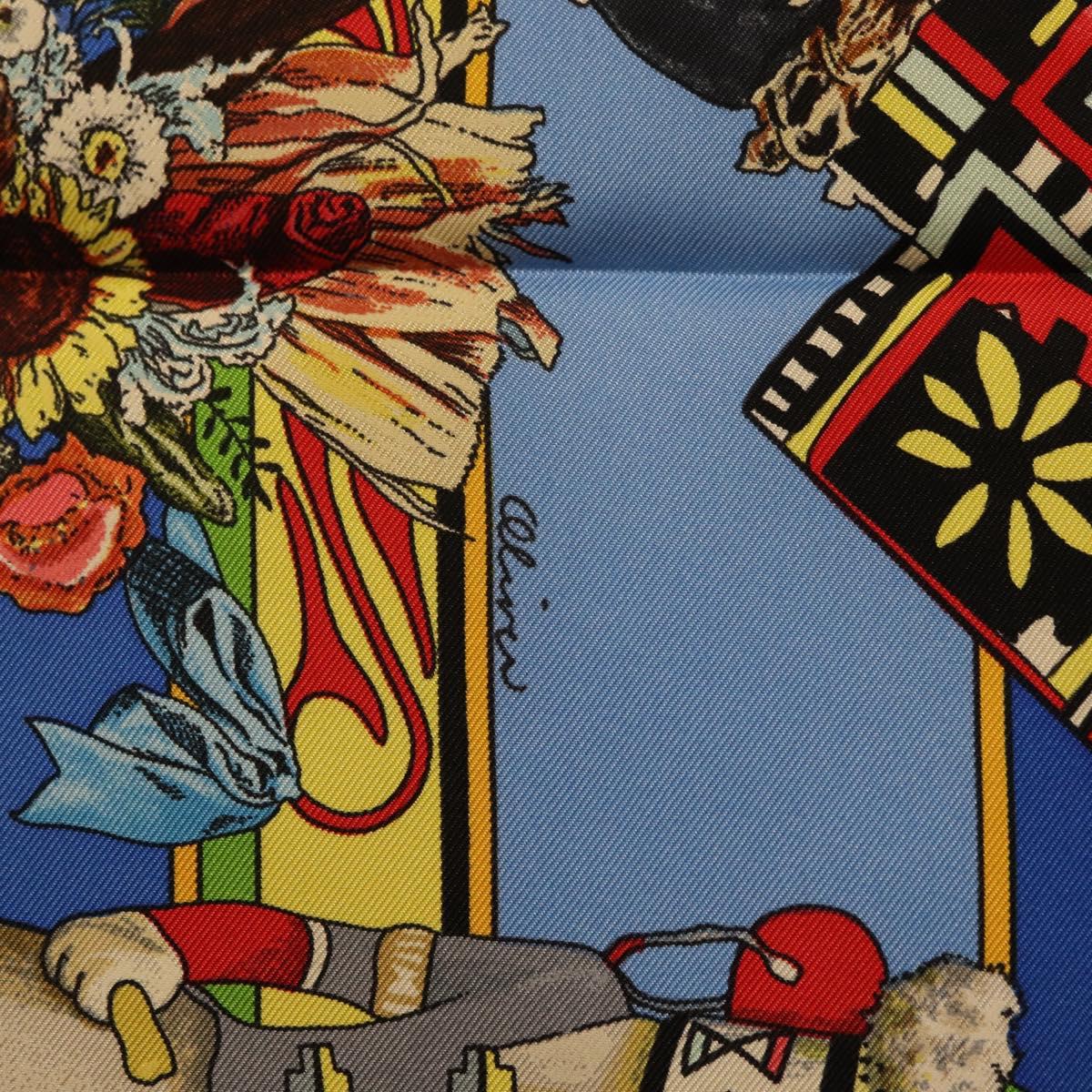 HERMES Carre 90 Scarf Silk Blue Red ""KACHINAS"" Auth ki6872M