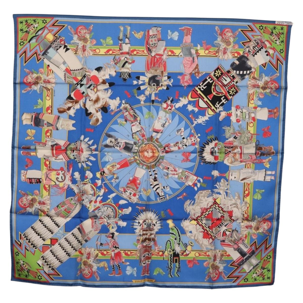 HERMES Carre 90 Scarf Silk Blue Red ""KACHINAS"" Auth ki6872M