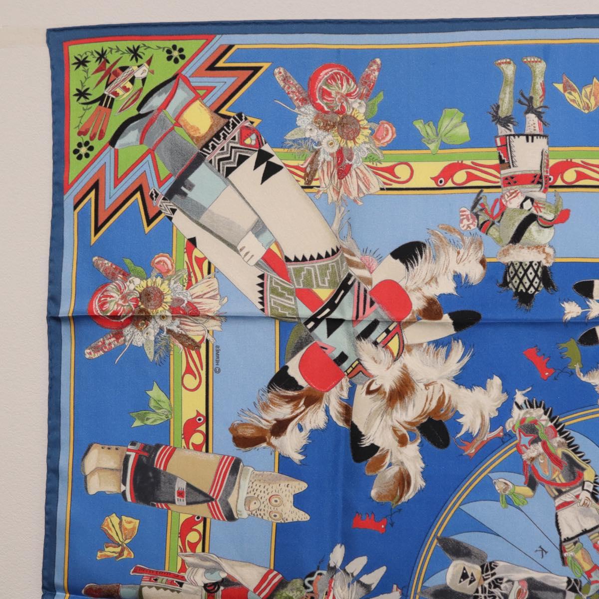 HERMES Carre 90 Scarf Silk Blue Red ""KACHINAS"" Auth ki6872M
