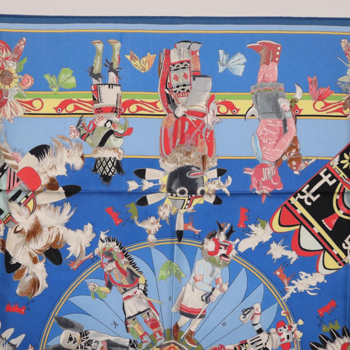 HERMES Carre 90 Scarf Silk Blue Red ""KACHINAS"" Auth ki6872M