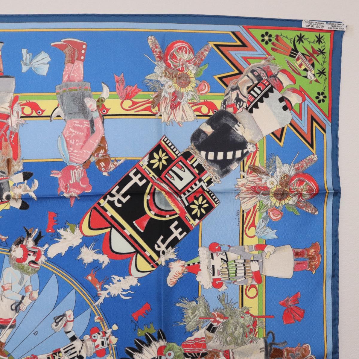 HERMES Carre 90 Scarf Silk Blue Red ""KACHINAS"" Auth ki6872M