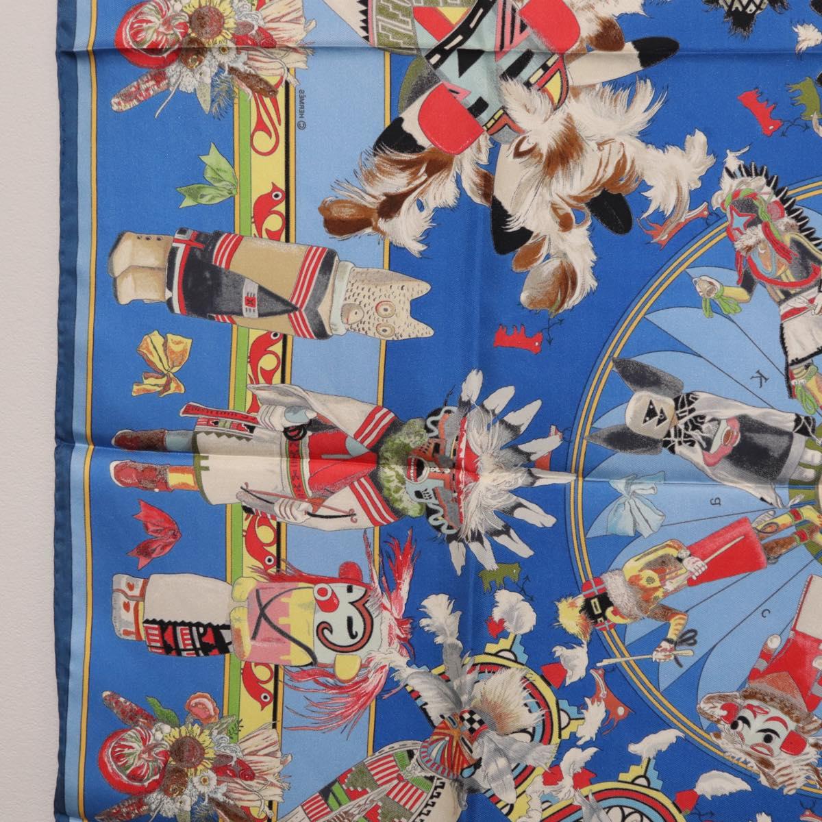 HERMES Carre 90 Scarf Silk Blue Red ""KACHINAS"" Auth ki6872M