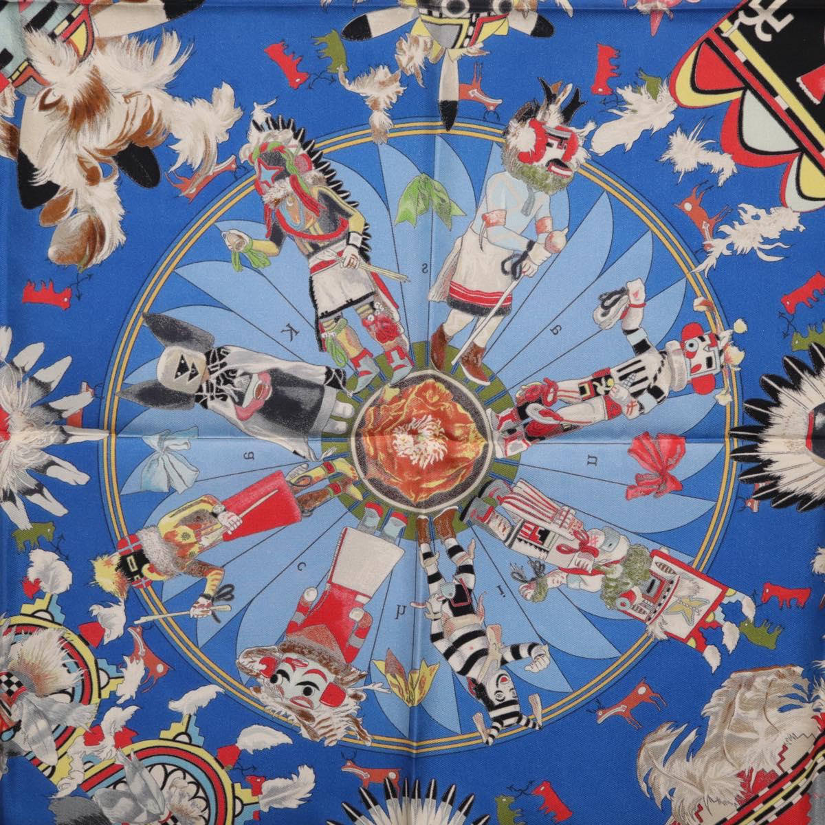 HERMES Carre 90 Scarf Silk Blue Red ""KACHINAS"" Auth ki6872M