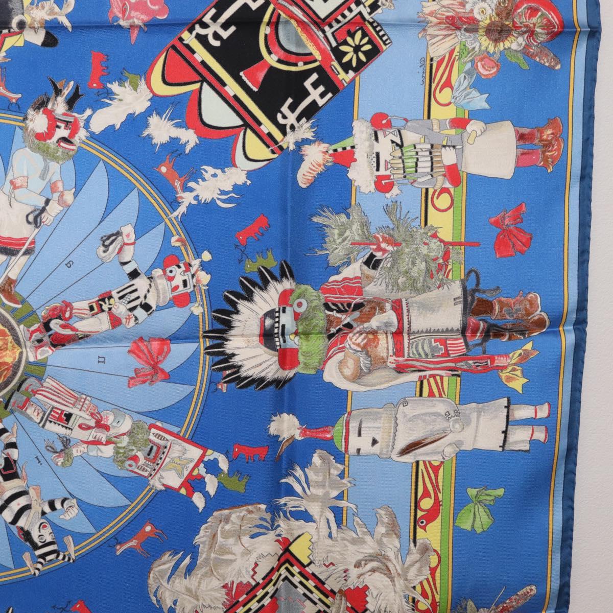 HERMES Carre 90 Scarf Silk Blue Red ""KACHINAS"" Auth ki6872M