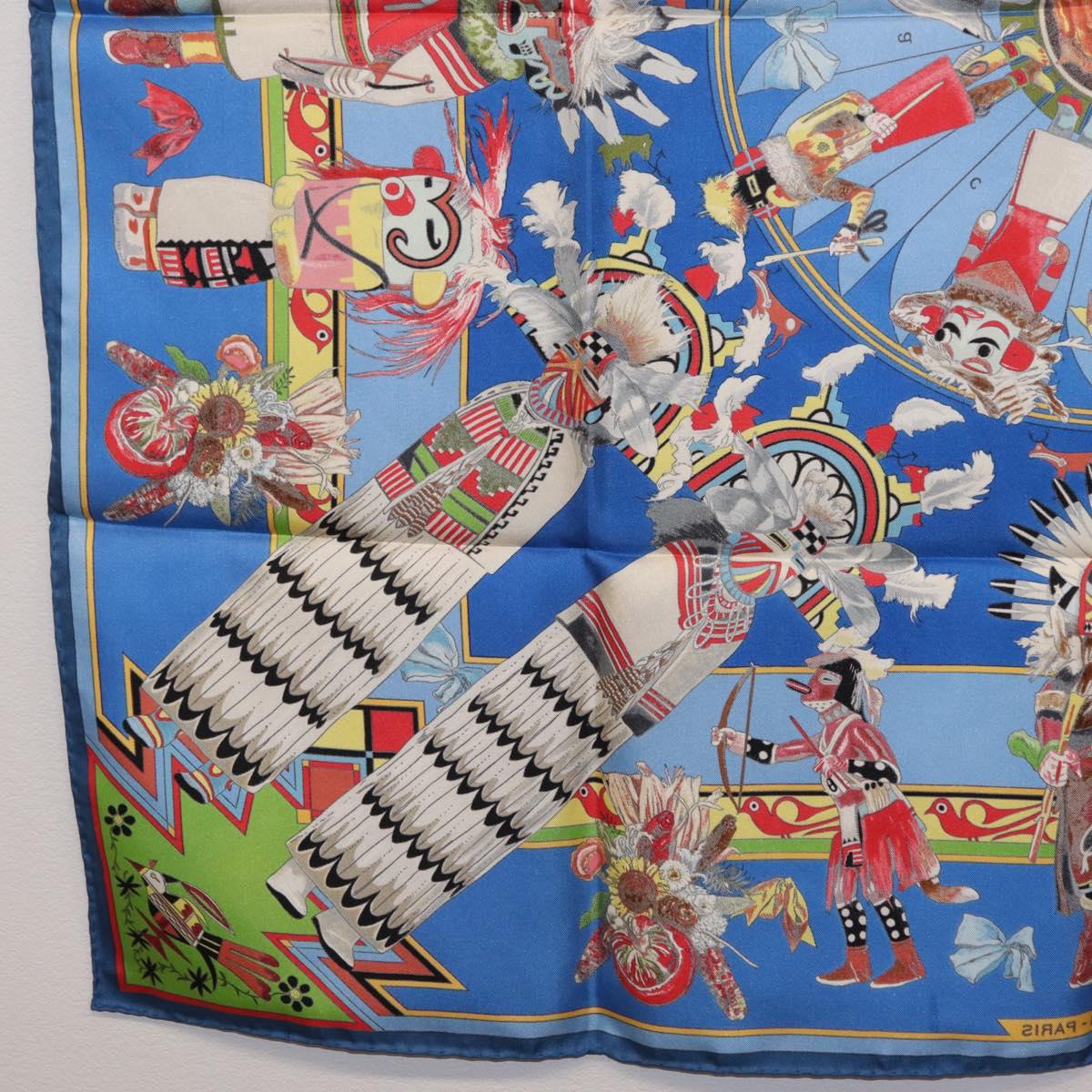 HERMES Carre 90 Scarf Silk Blue Red ""KACHINAS"" Auth ki6872M