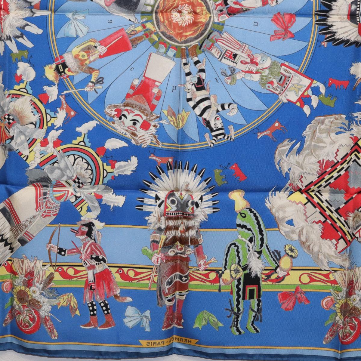 HERMES Carre 90 Scarf Silk Blue Red ""KACHINAS"" Auth ki6872M