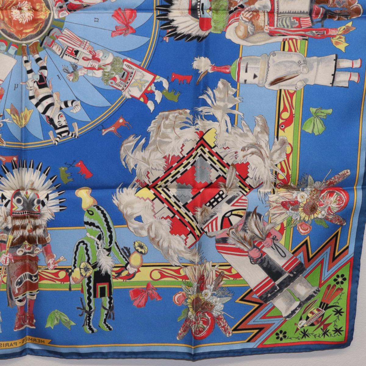 HERMES Carre 90 Scarf Silk Blue Red ""KACHINAS"" Auth ki6872M