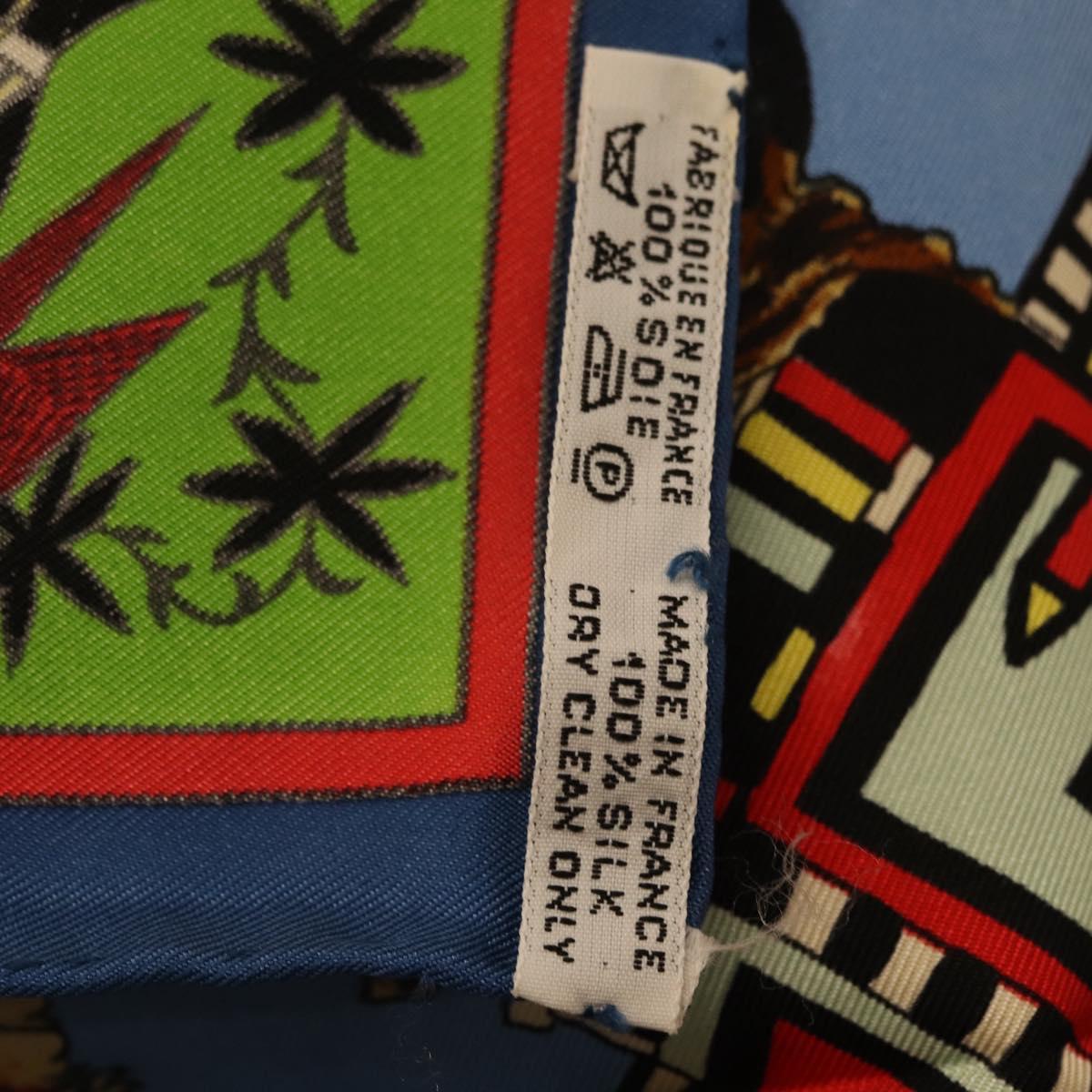 HERMES Carre 90 Scarf Silk Blue Red ""KACHINAS"" Auth ki6872M