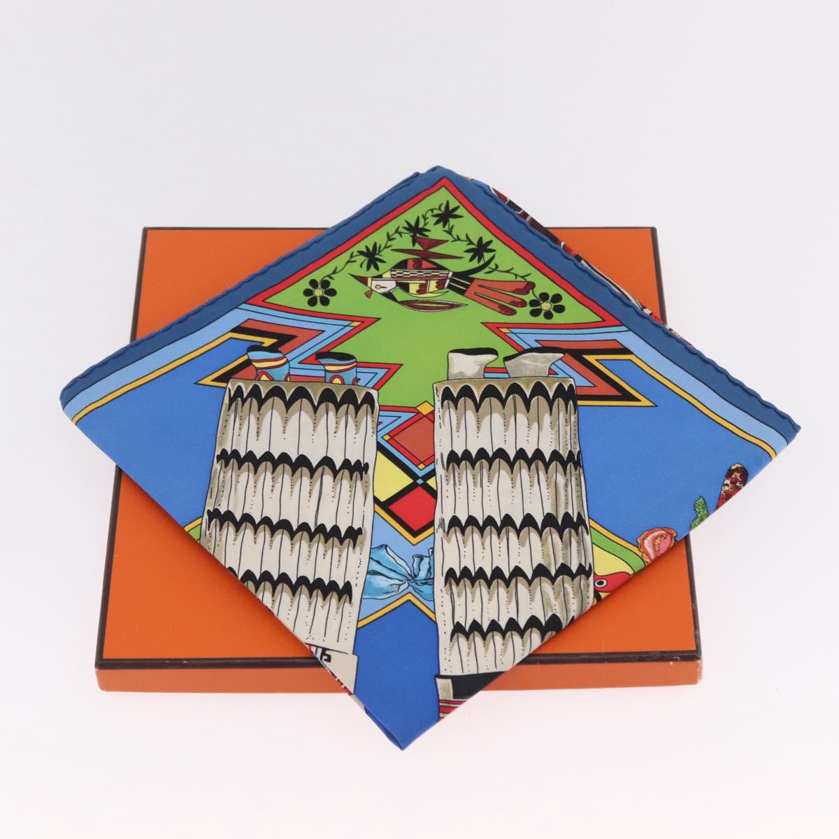 HERMES Carre 90 Scarf Silk Blue Red ""KACHINAS"" Auth ki6872M