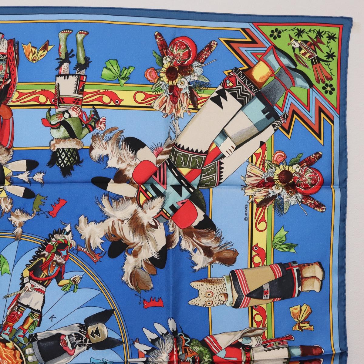 HERMES Carre 90 Scarf Silk Blue Red ""KACHINAS"" Auth ki6872M