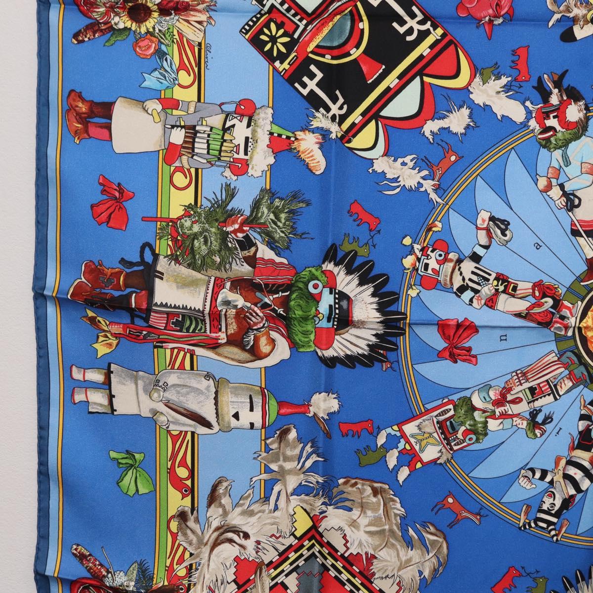 HERMES Carre 90 Scarf Silk Blue Red ""KACHINAS"" Auth ki6872M