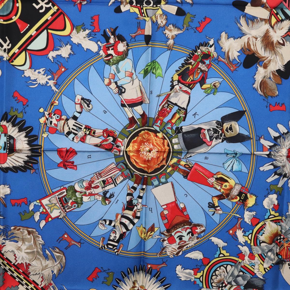 HERMES Carre 90 Scarf Silk Blue Red ""KACHINAS"" Auth ki6872M
