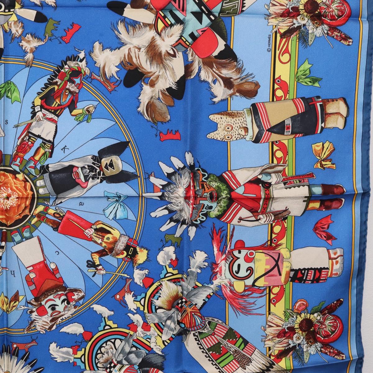 HERMES Carre 90 Scarf Silk Blue Red ""KACHINAS"" Auth ki6872M