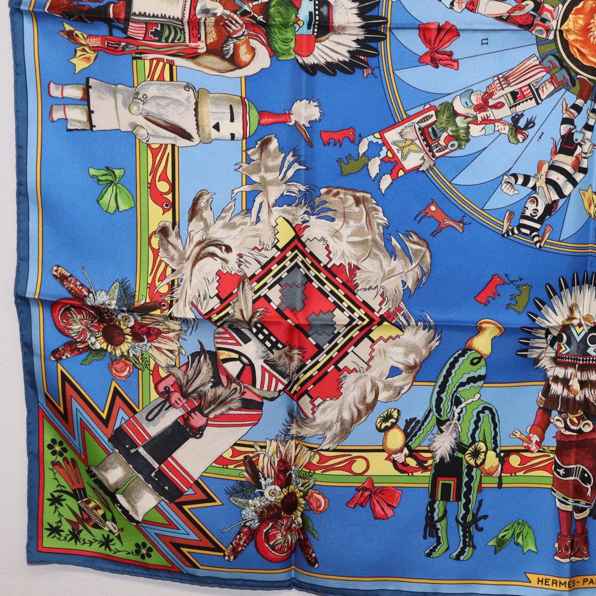 HERMES Carre 90 Scarf Silk Blue Red ""KACHINAS"" Auth ki6872M