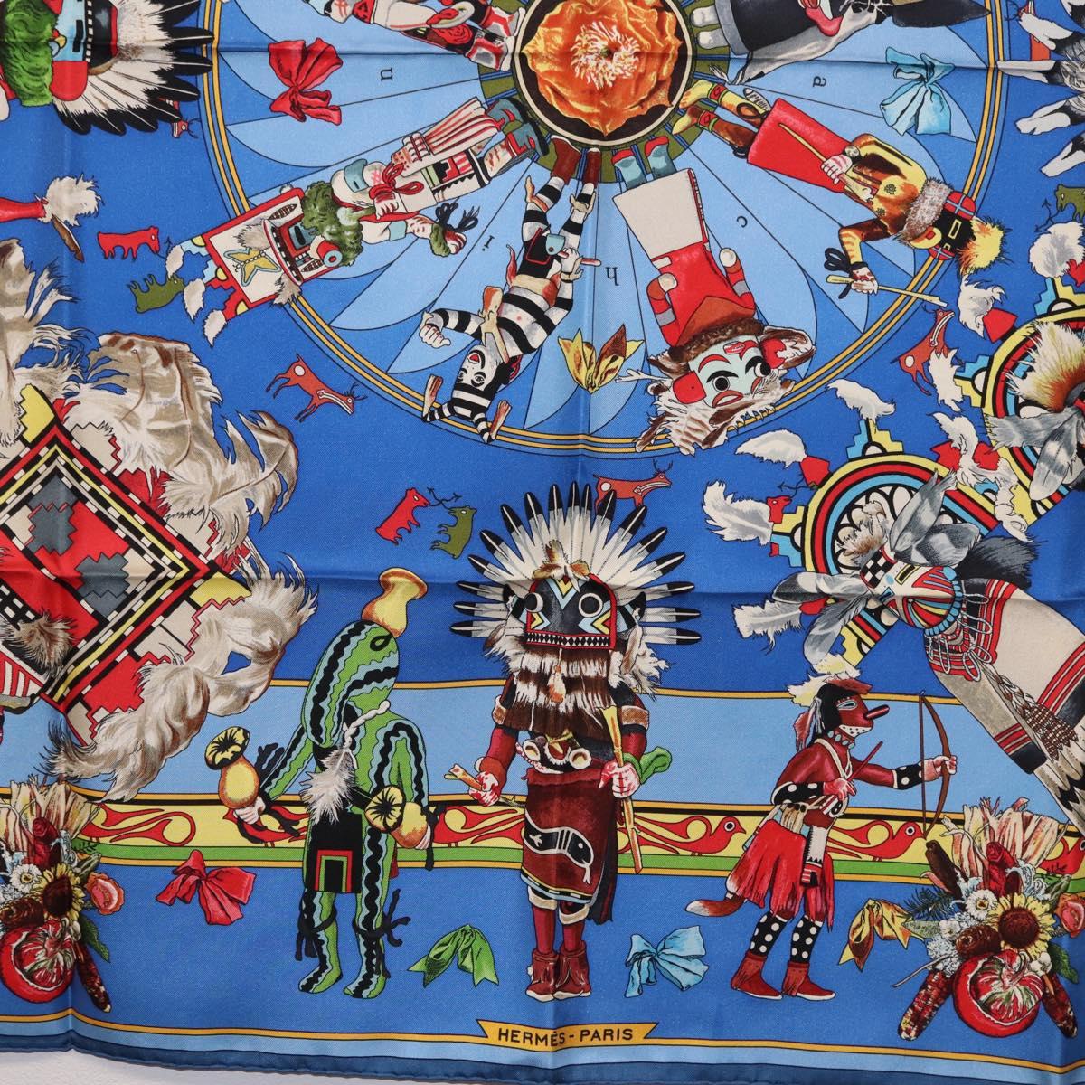 HERMES Carre 90 Scarf Silk Blue Red ""KACHINAS"" Auth ki6872M