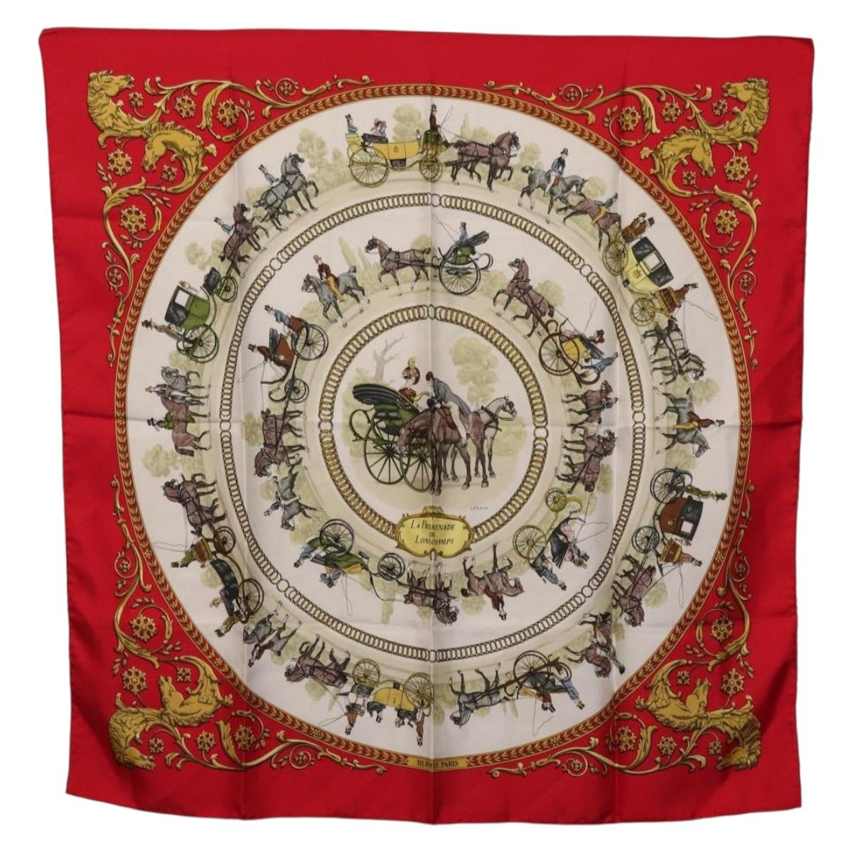 HERMES Carre 90 Scarf Silk Red White ""LA PROMENADE DE LONGCHAMPS"" Auth ki6873M