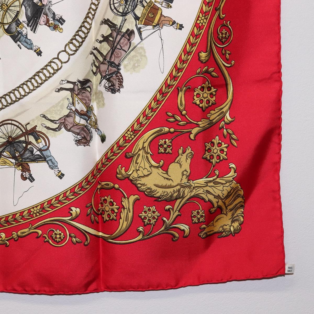 HERMES Carre 90 Scarf Silk Red White ""LA PROMENADE DE LONGCHAMPS"" Auth ki6873M