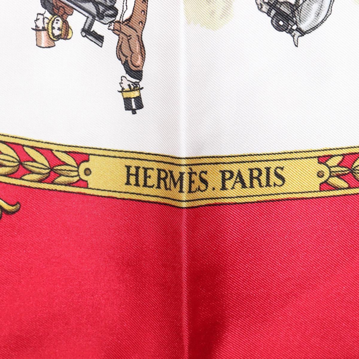 HERMES Carre 90 Scarf Silk Red White ""LA PROMENADE DE LONGCHAMPS"" Auth ki6873M