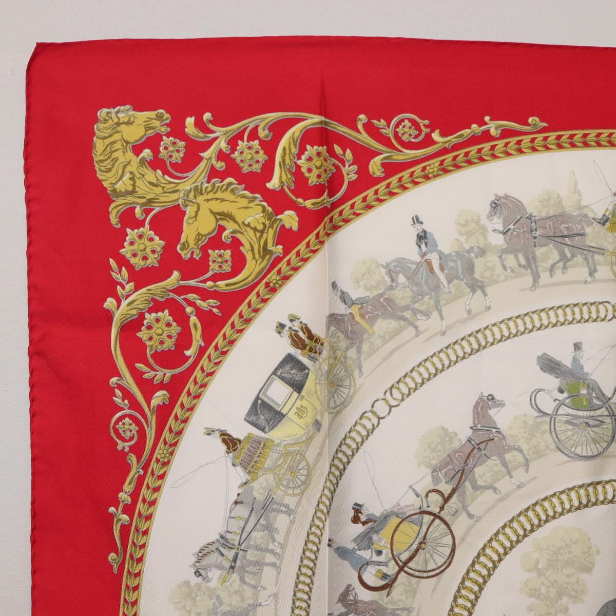 HERMES Carre 90 Scarf Silk Red White ""LA PROMENADE DE LONGCHAMPS"" Auth ki6873M
