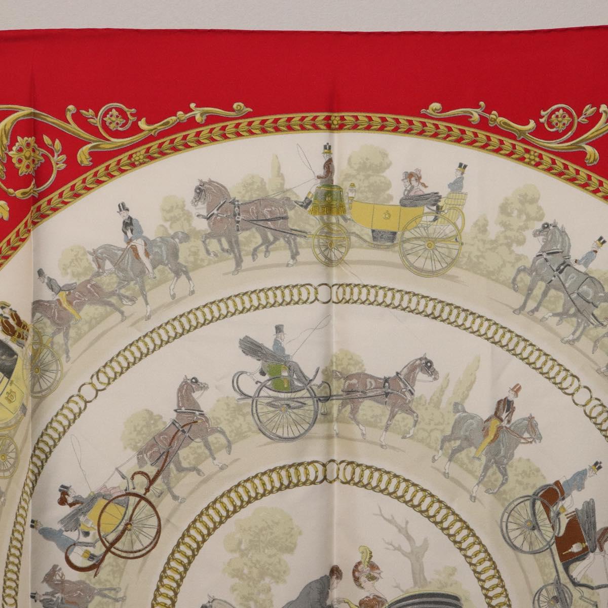 HERMES Carre 90 Scarf Silk Red White ""LA PROMENADE DE LONGCHAMPS"" Auth ki6873M
