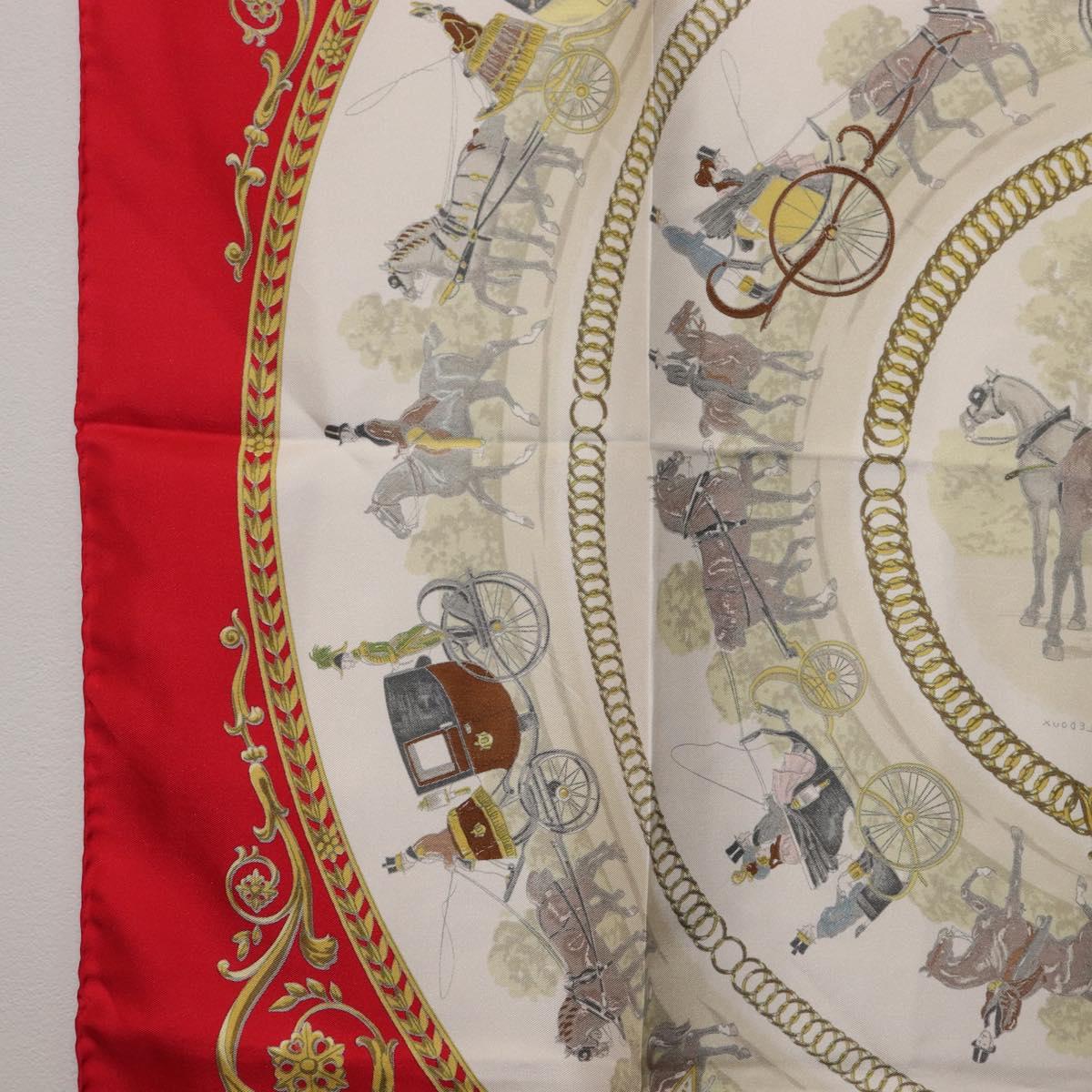 HERMES Carre 90 Scarf Silk Red White ""LA PROMENADE DE LONGCHAMPS"" Auth ki6873M