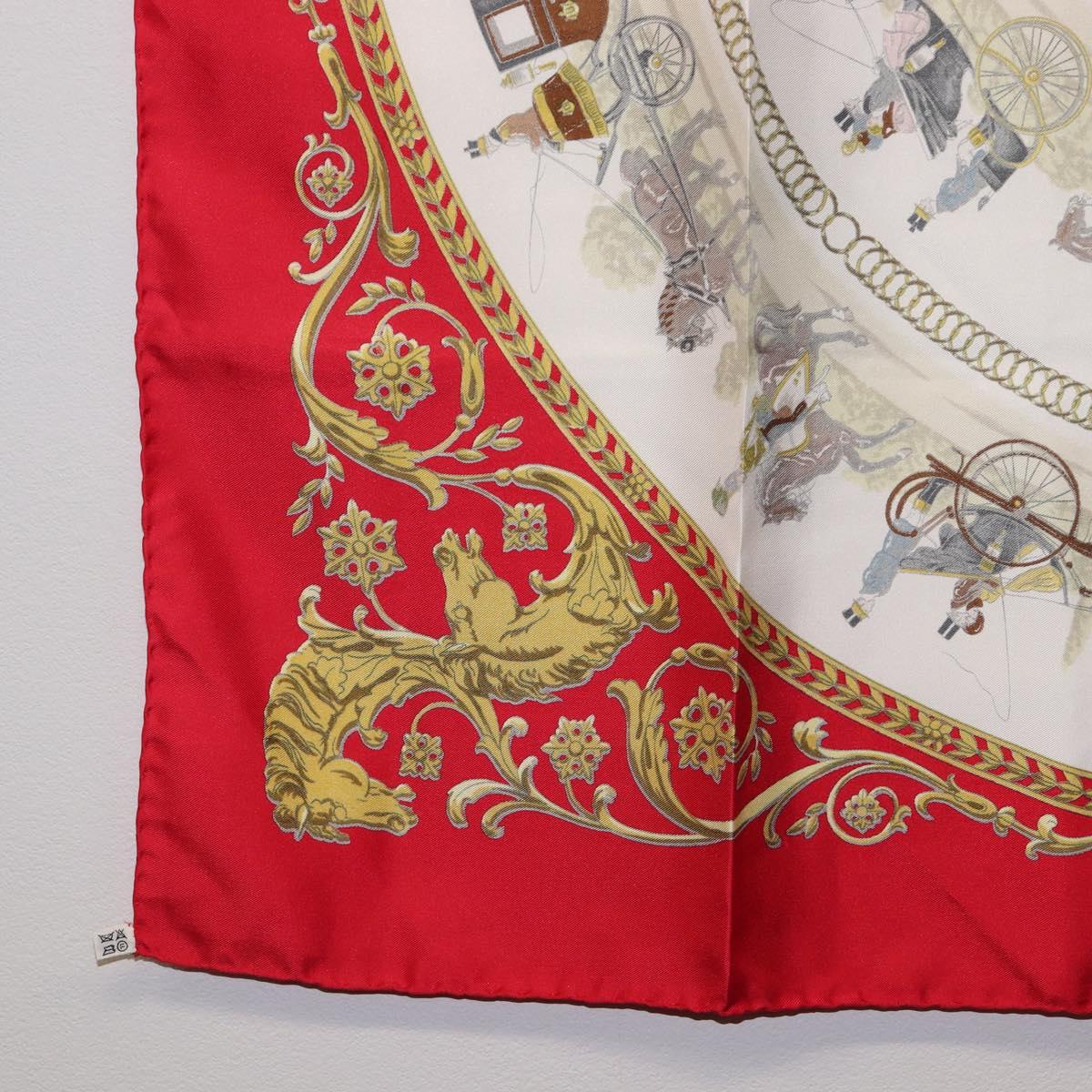 HERMES Carre 90 Scarf Silk Red White ""LA PROMENADE DE LONGCHAMPS"" Auth ki6873M