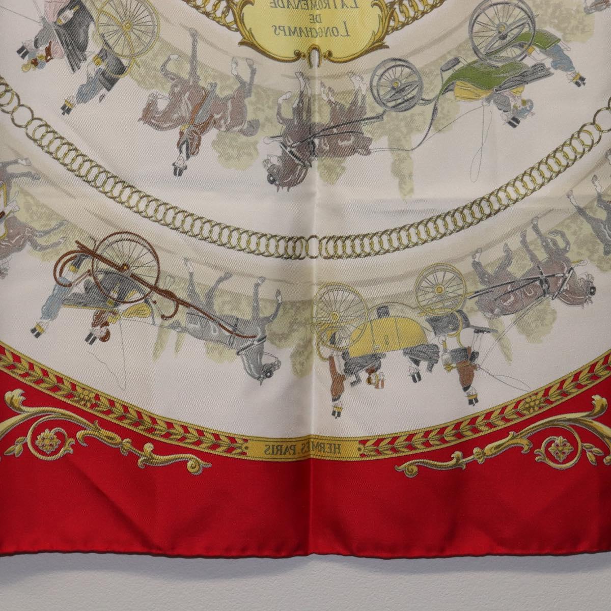 HERMES Carre 90 Scarf Silk Red White ""LA PROMENADE DE LONGCHAMPS"" Auth ki6873M