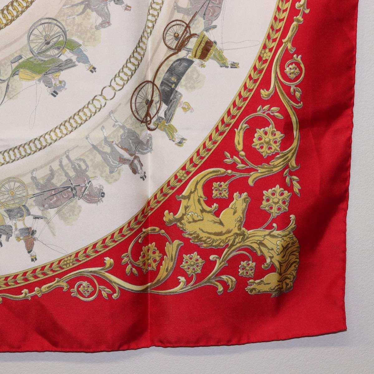 HERMES Carre 90 Scarf Silk Red White ""LA PROMENADE DE LONGCHAMPS"" Auth ki6873M