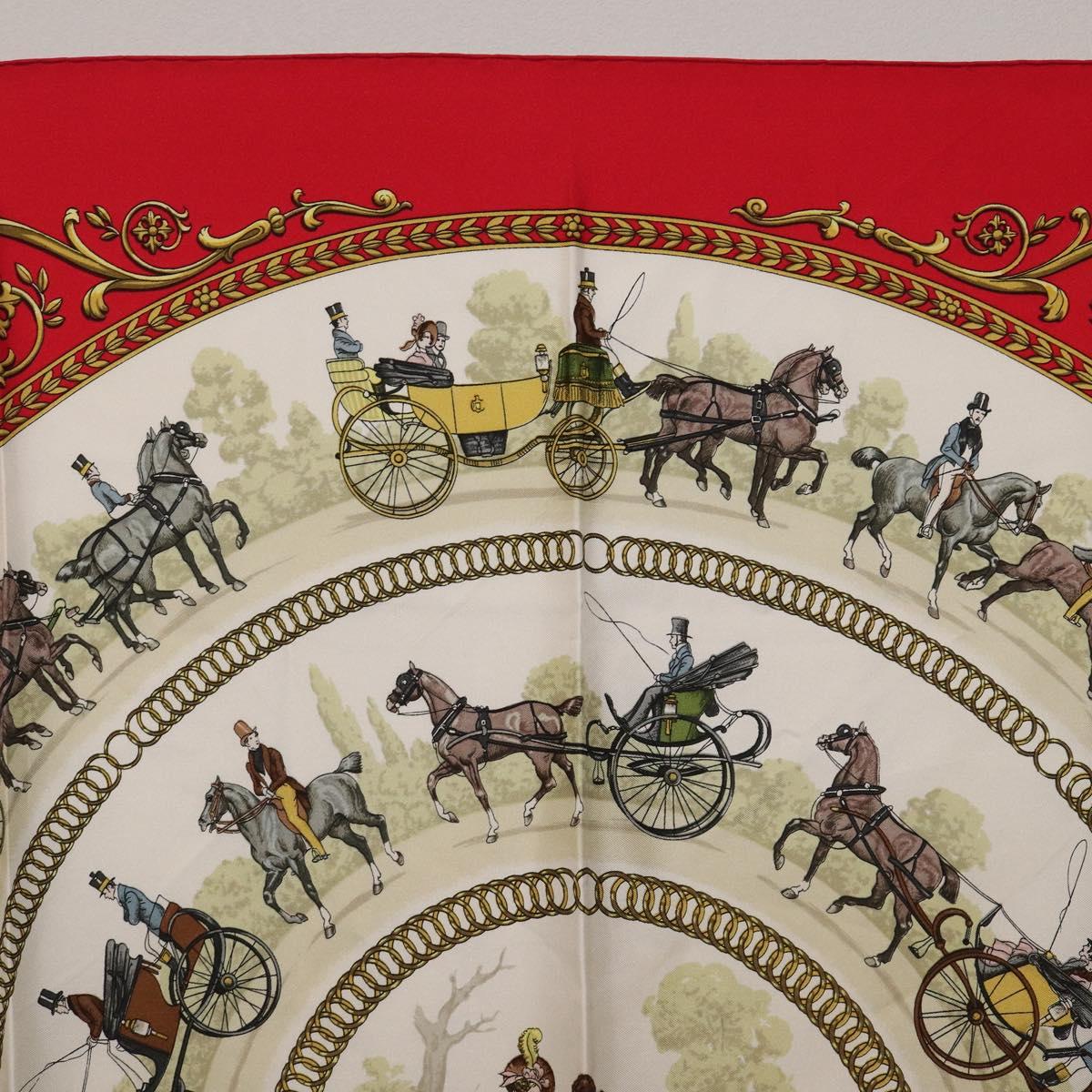 HERMES Carre 90 Scarf Silk Red White ""LA PROMENADE DE LONGCHAMPS"" Auth ki6873M