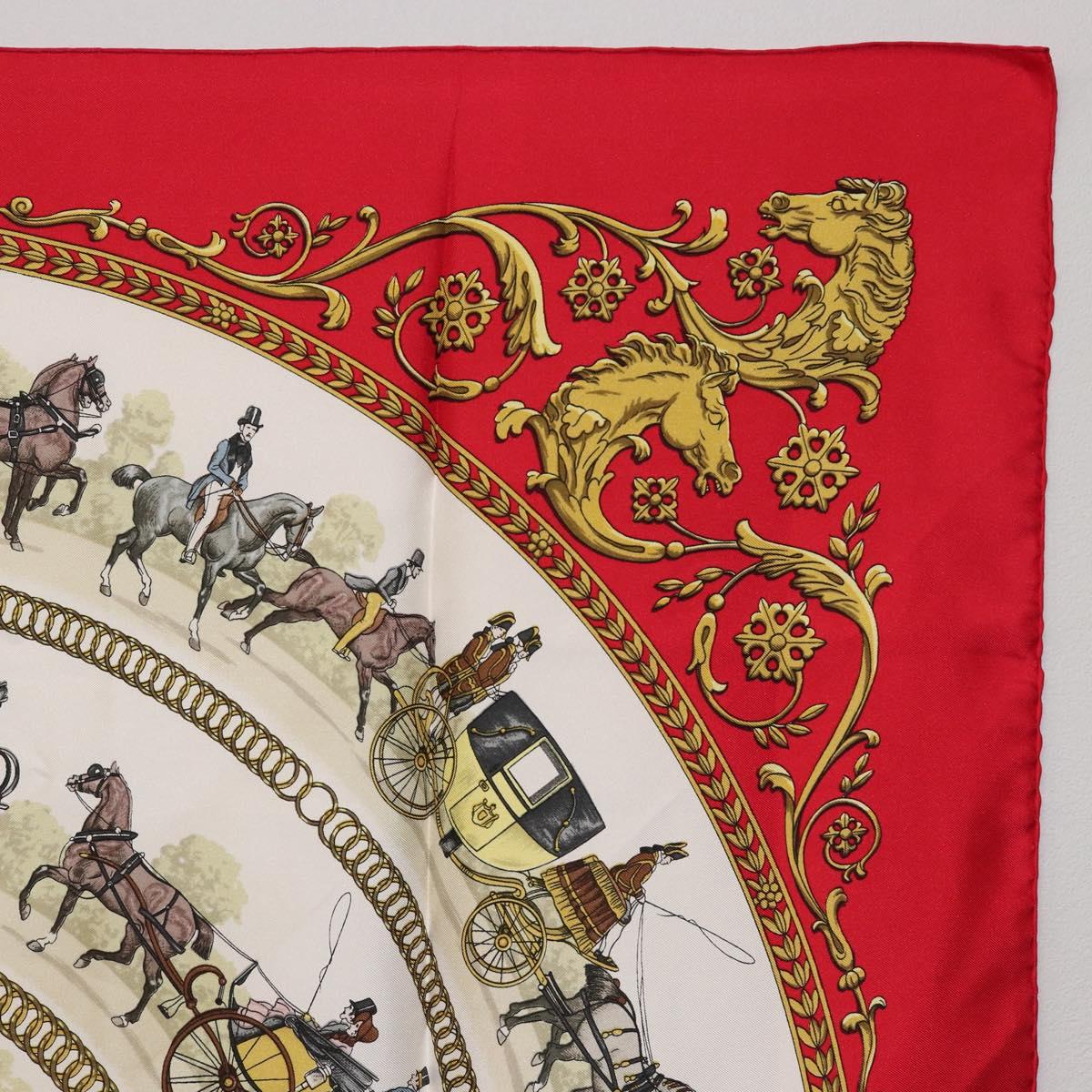 HERMES Carre 90 Scarf Silk Red White ""LA PROMENADE DE LONGCHAMPS"" Auth ki6873M