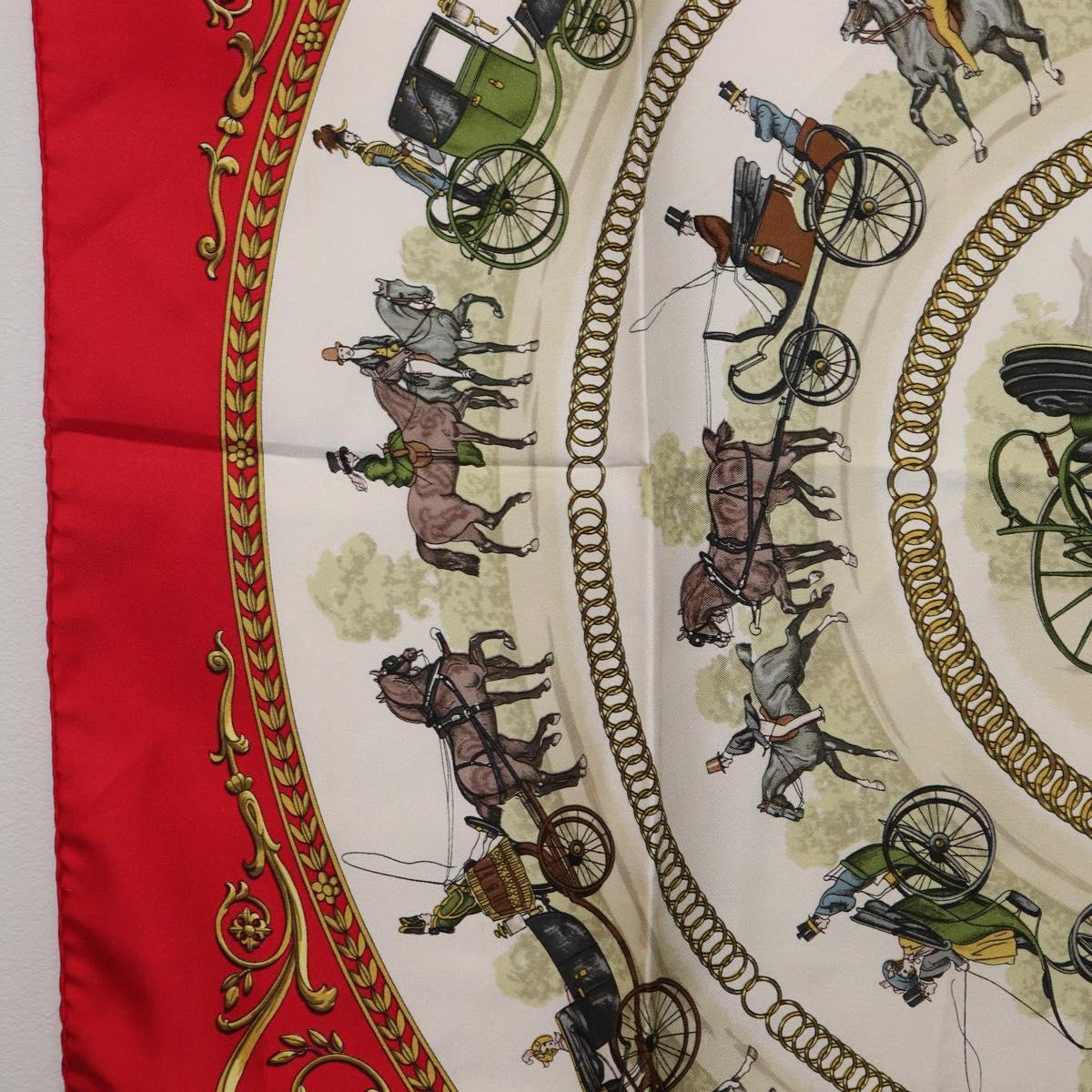 HERMES Carre 90 Scarf Silk Red White ""LA PROMENADE DE LONGCHAMPS"" Auth ki6873M