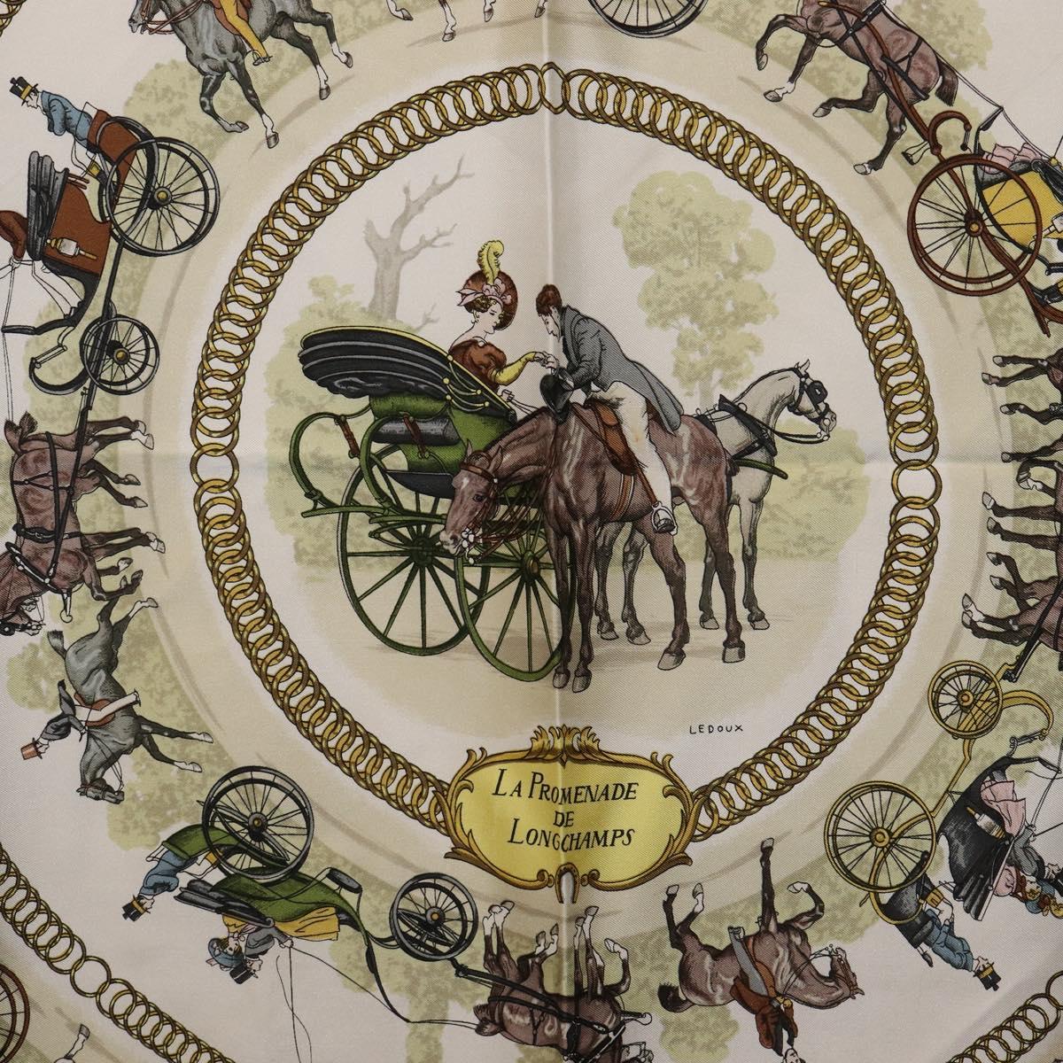 HERMES Carre 90 Scarf Silk Red White ""LA PROMENADE DE LONGCHAMPS"" Auth ki6873M