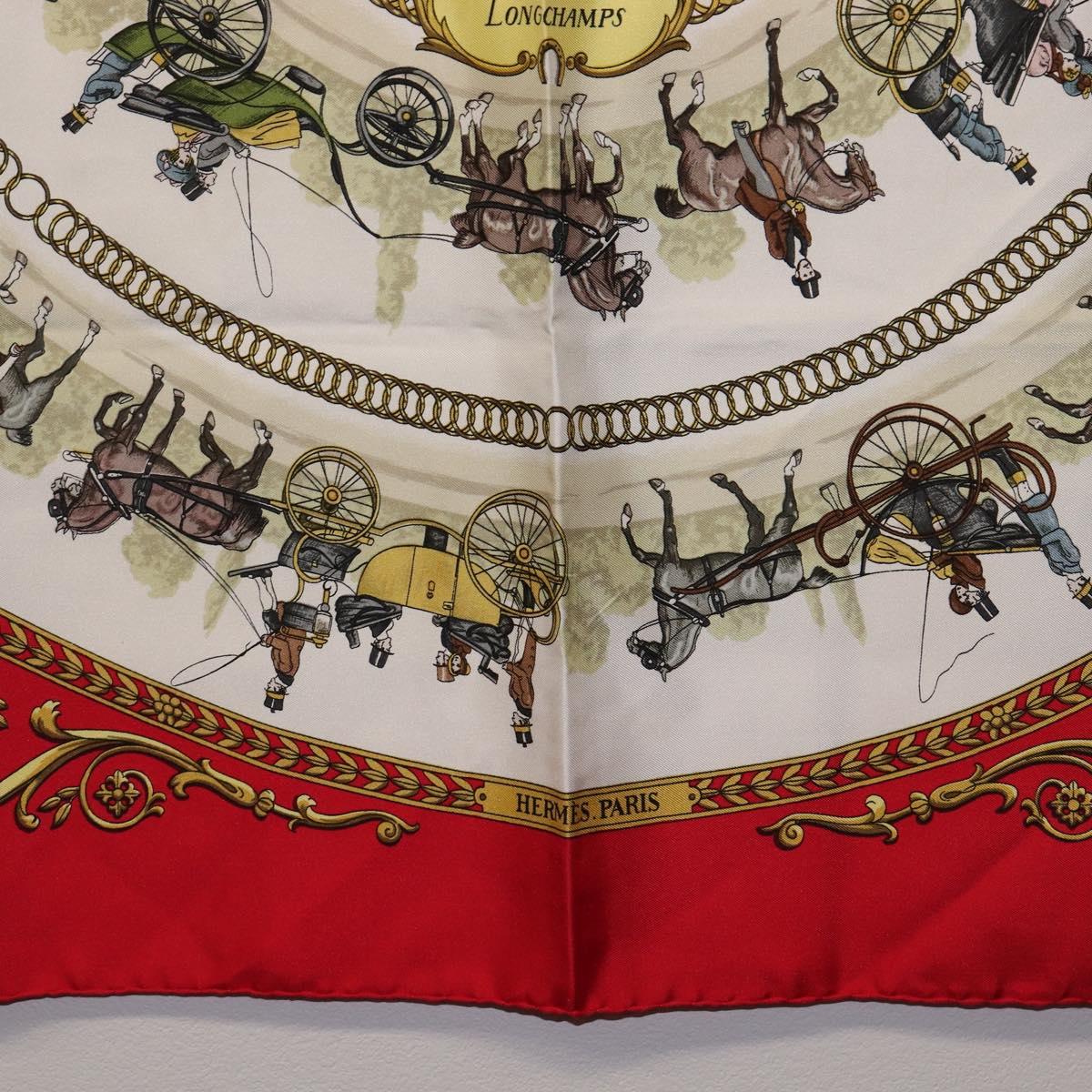 HERMES Carre 90 Scarf Silk Red White ""LA PROMENADE DE LONGCHAMPS"" Auth ki6873M