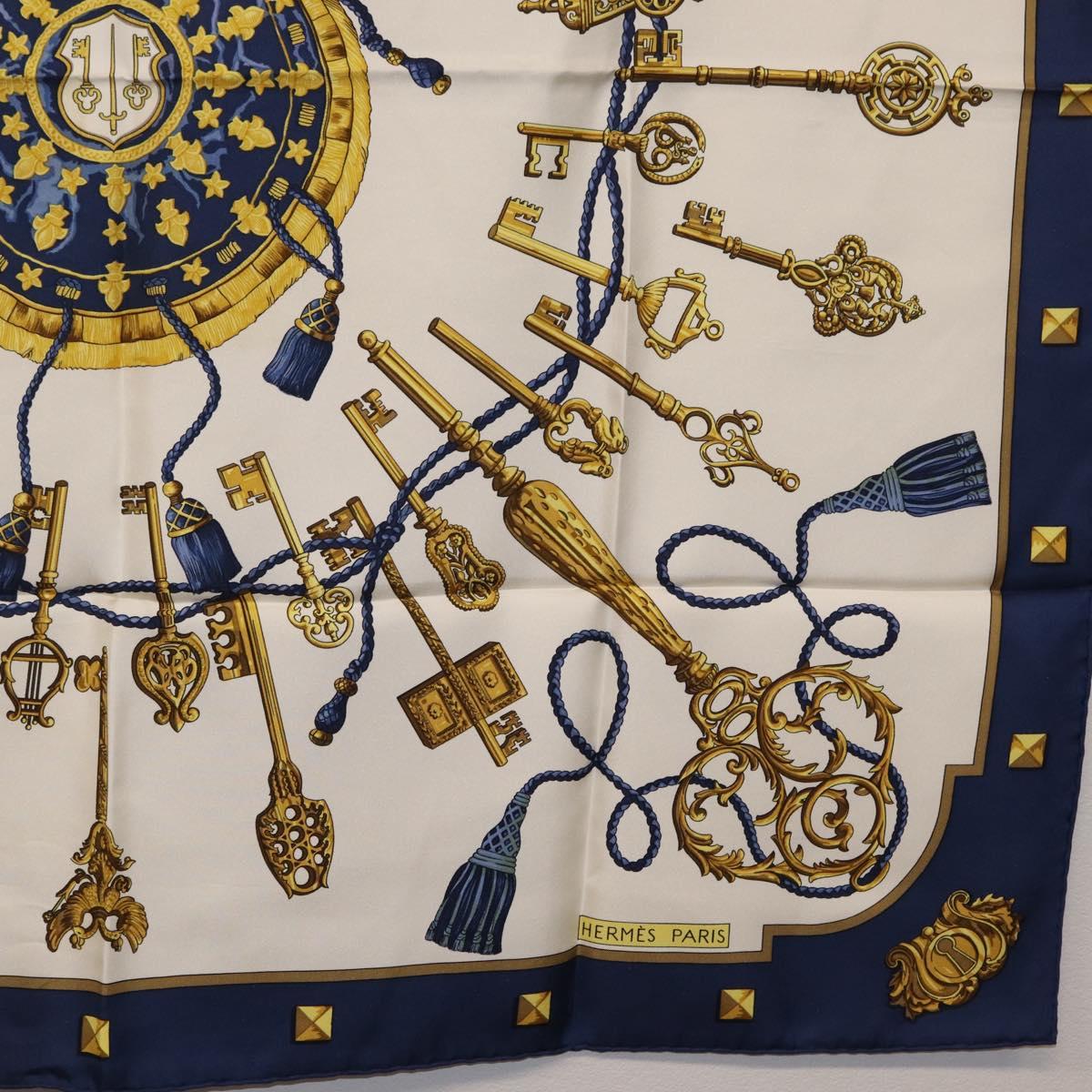 HERMES Carre 90 Scarf Silk Blue White Auth ki6874M