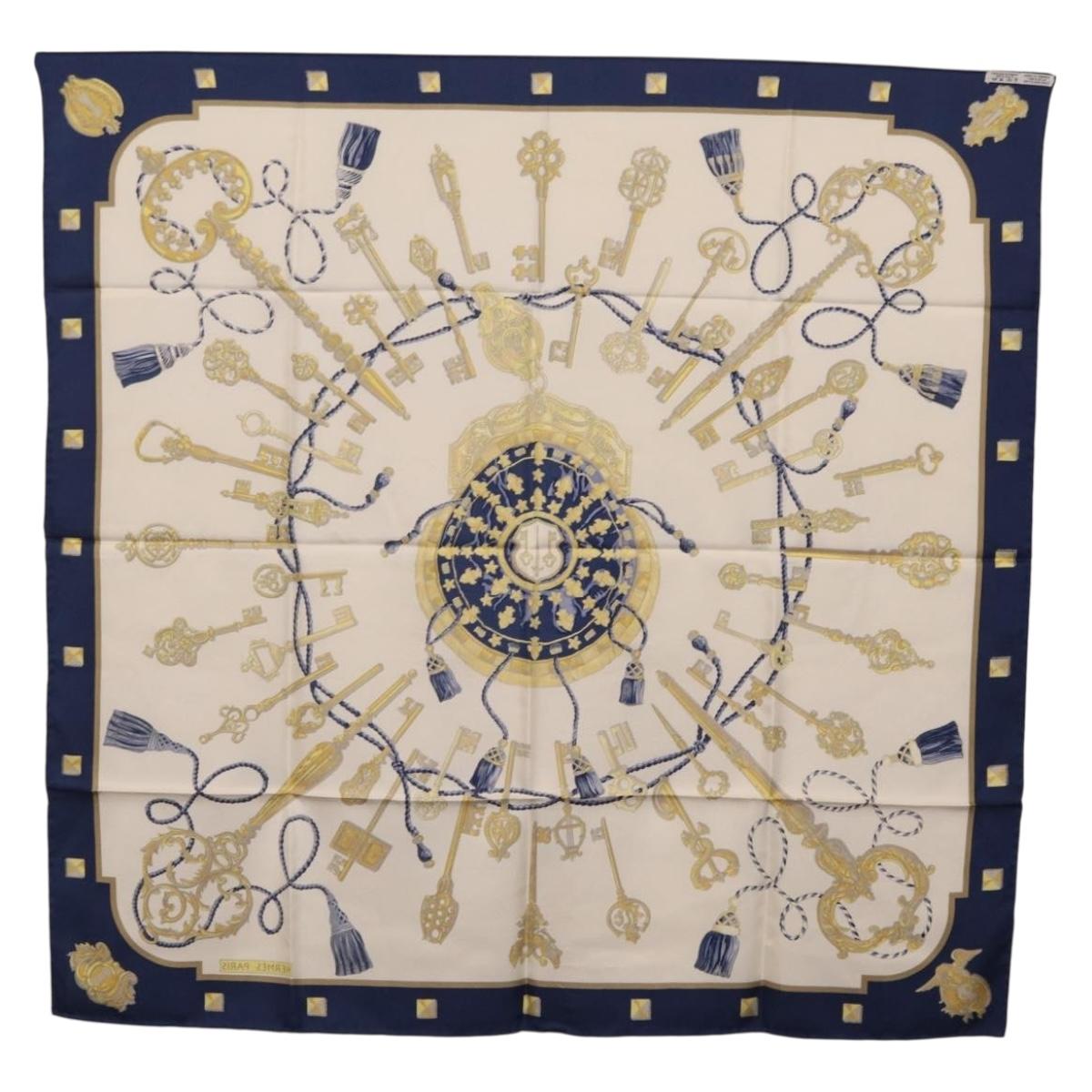 HERMES Carre 90 Scarf Silk Blue White Auth ki6874M