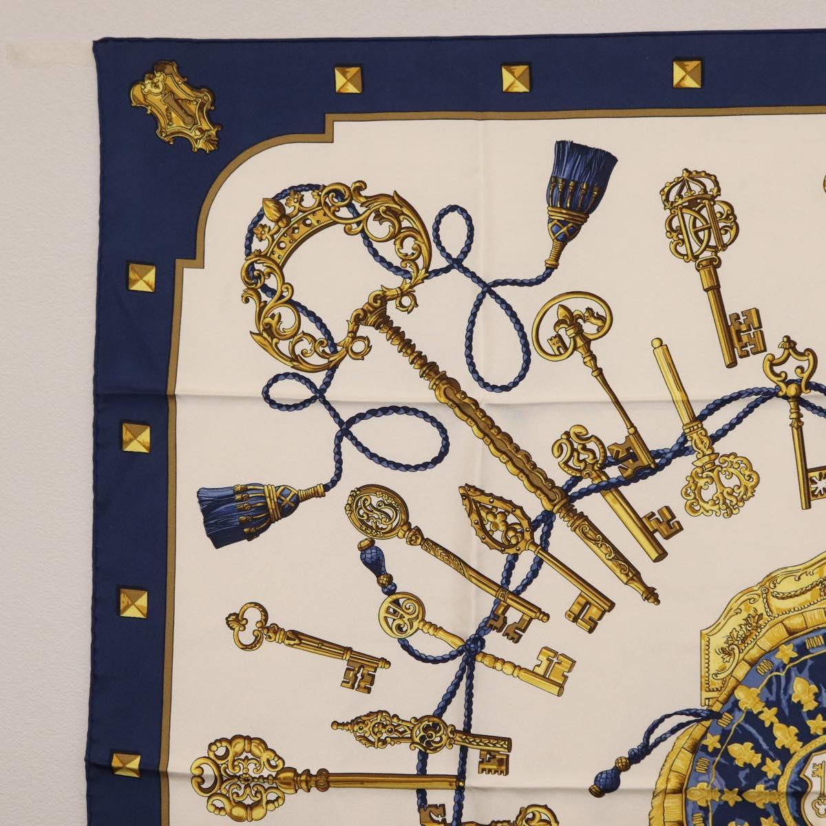 HERMES Carre 90 Scarf Silk Blue White Auth ki6874M