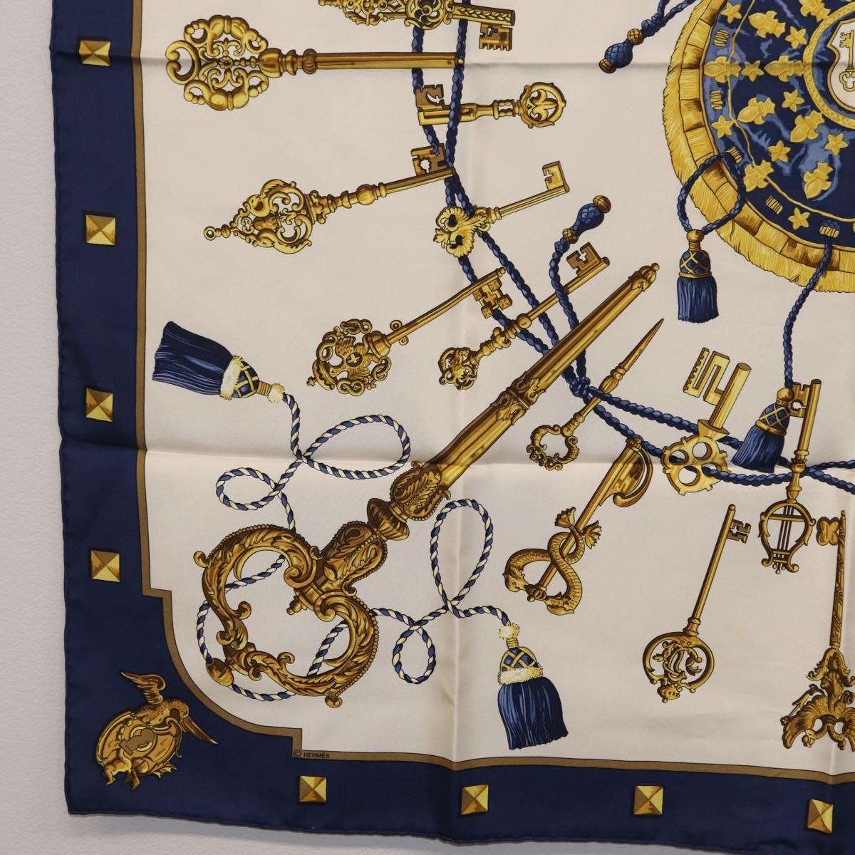 HERMES Carre 90 Scarf Silk Blue White Auth ki6874M