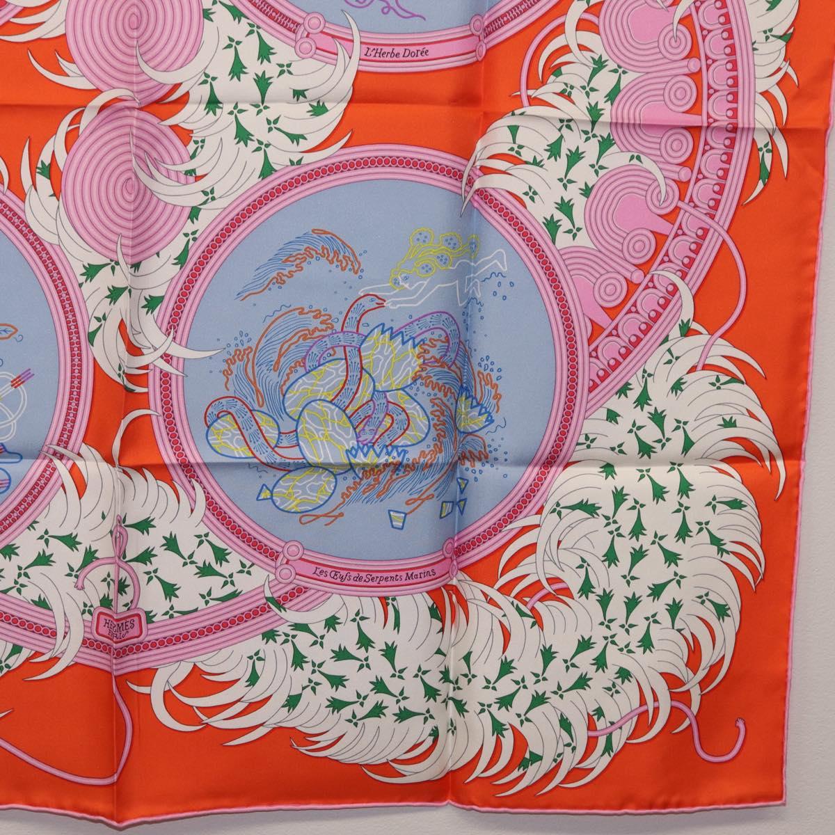 HERMES Carre 90 Scarf Silk Orange Light Blue ""Le Gui du Chene"" Auth ki6875M