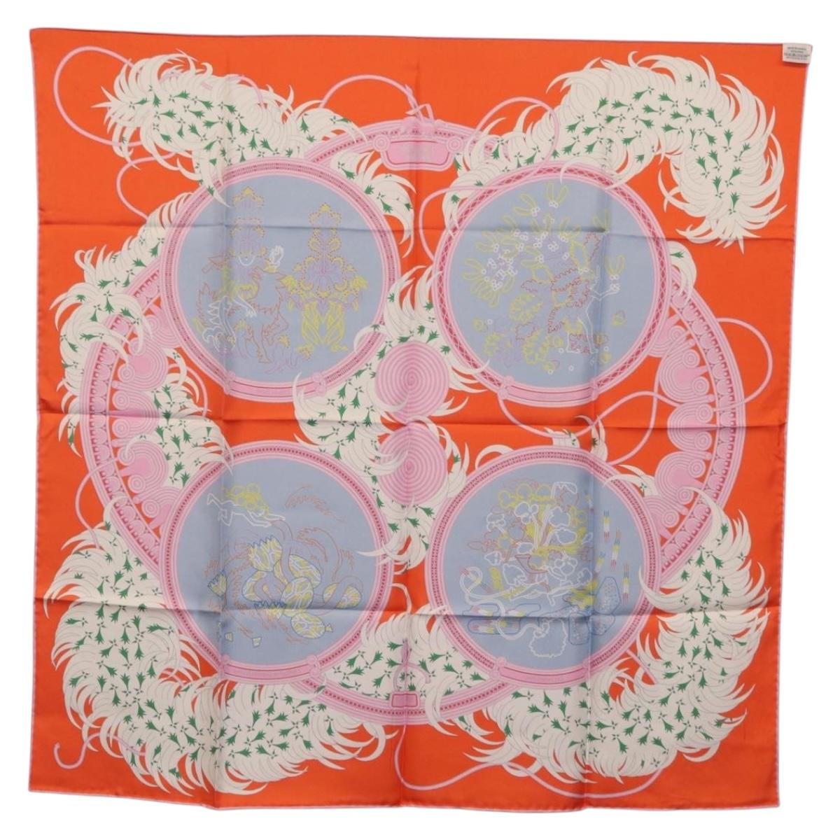 HERMES Carre 90 Scarf Silk Orange Light Blue ""Le Gui du Chene"" Auth ki6875M