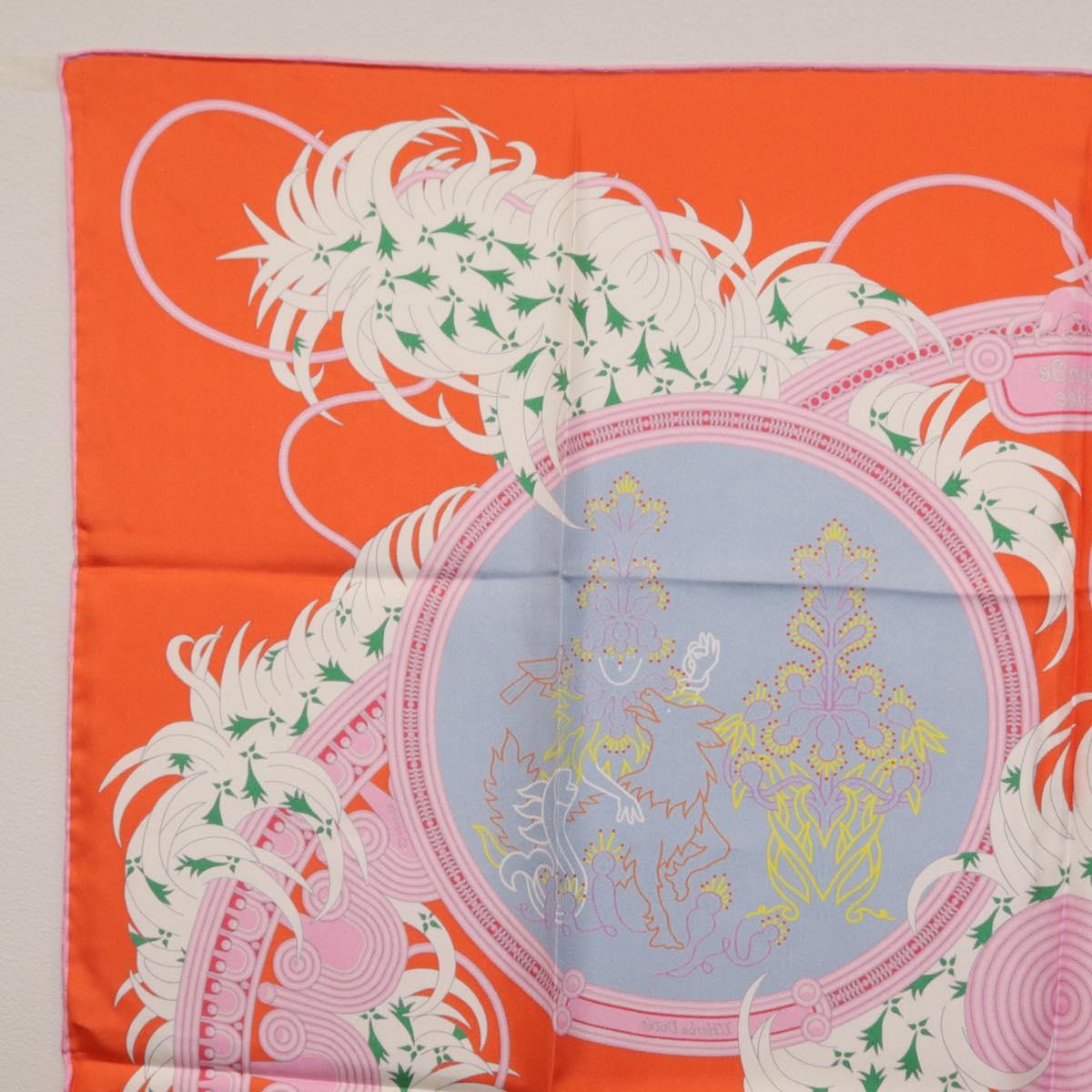 HERMES Carre 90 Scarf Silk Orange Light Blue ""Le Gui du Chene"" Auth ki6875M
