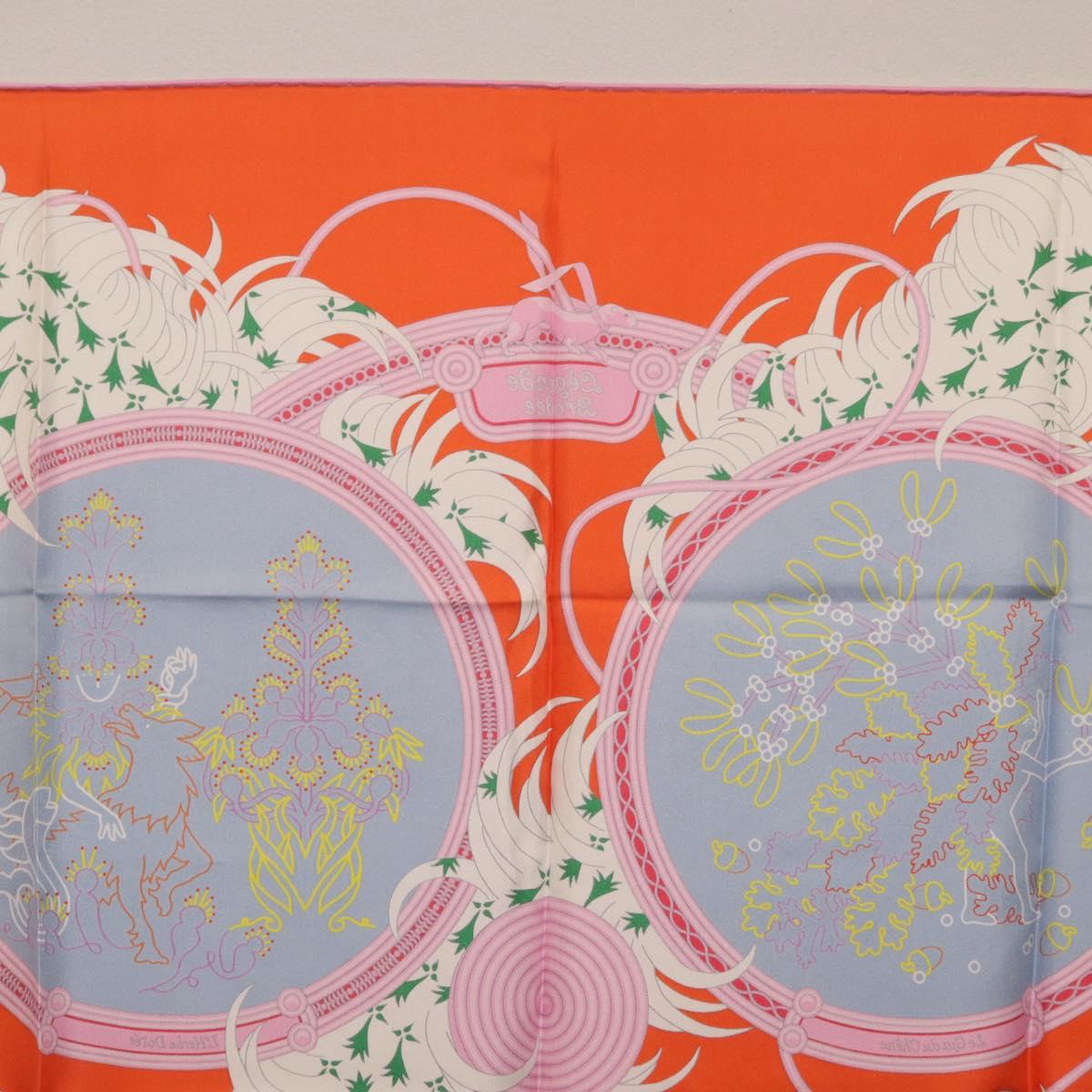 HERMES Carre 90 Scarf Silk Orange Light Blue ""Le Gui du Chene"" Auth ki6875M