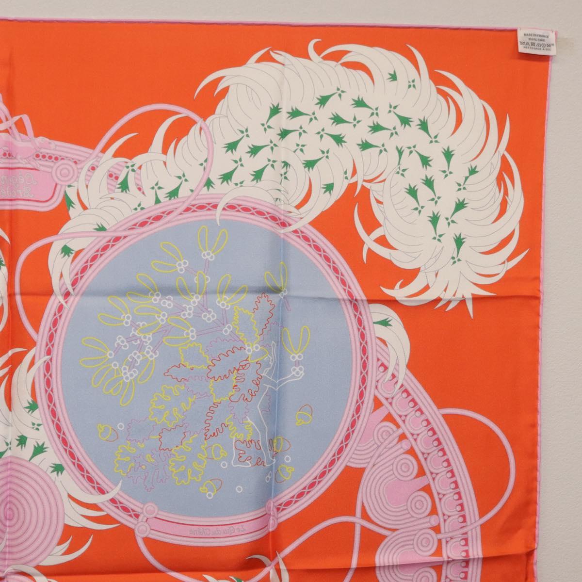 HERMES Carre 90 Scarf Silk Orange Light Blue ""Le Gui du Chene"" Auth ki6875M